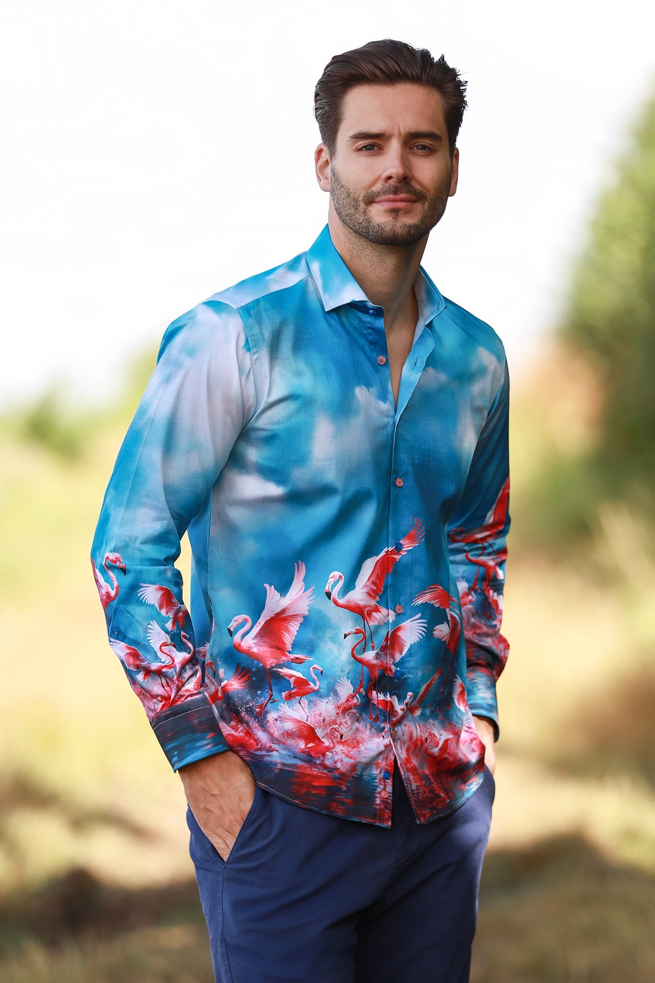 CLAUDIO LUGLI SKY FLAMINGO PLACEMENT PRINT SHIRT – Premium Men's Patterned Shirt by Claudio Lugli | Bold Design, Tailored Fit, Best Printed Shirts