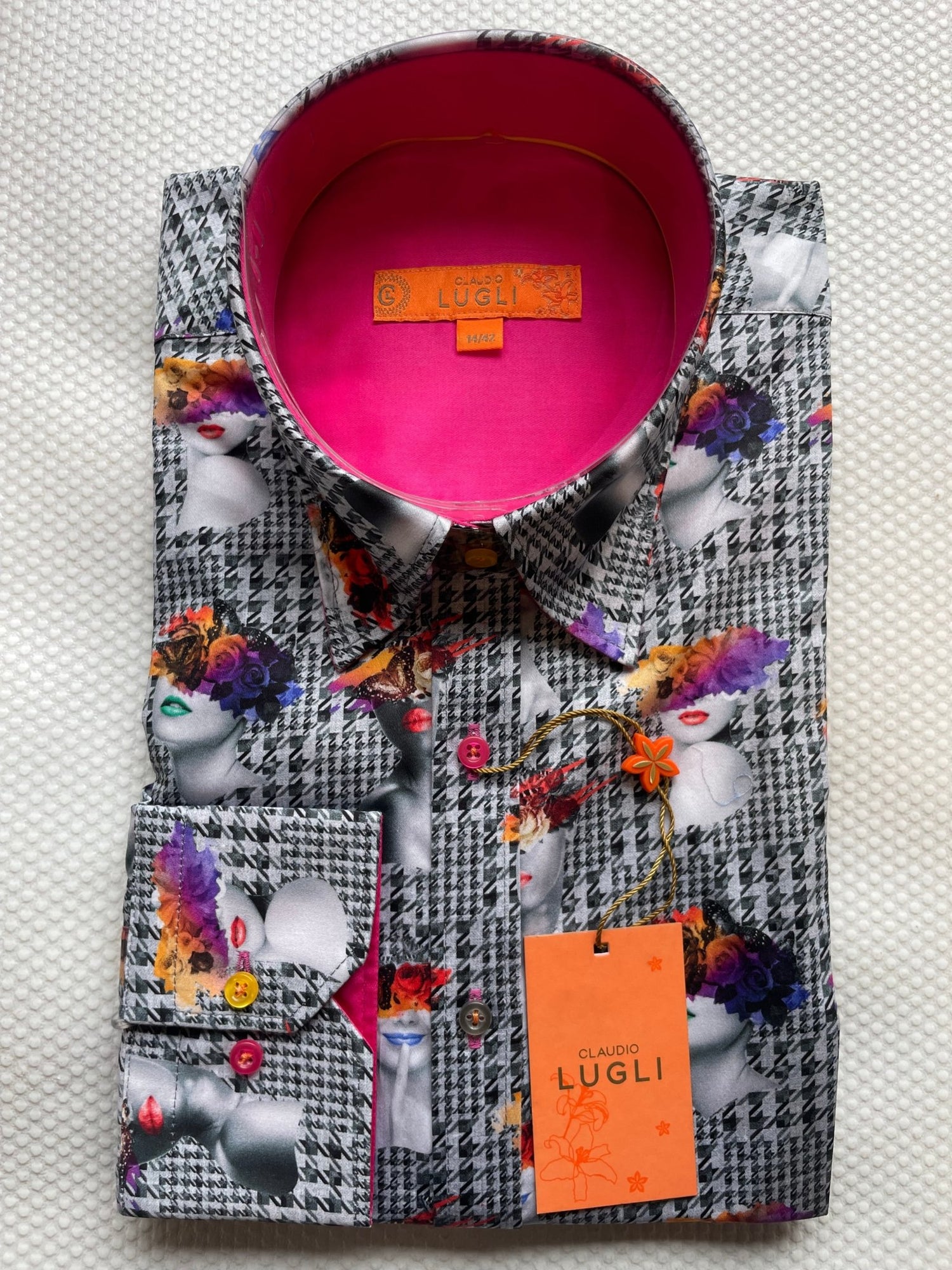 Claudio Lugli Womens Houndstooth Art Face Print Satin Cotton Long Sleeve Shirt *RARE* - Claudio Lugli Shirts