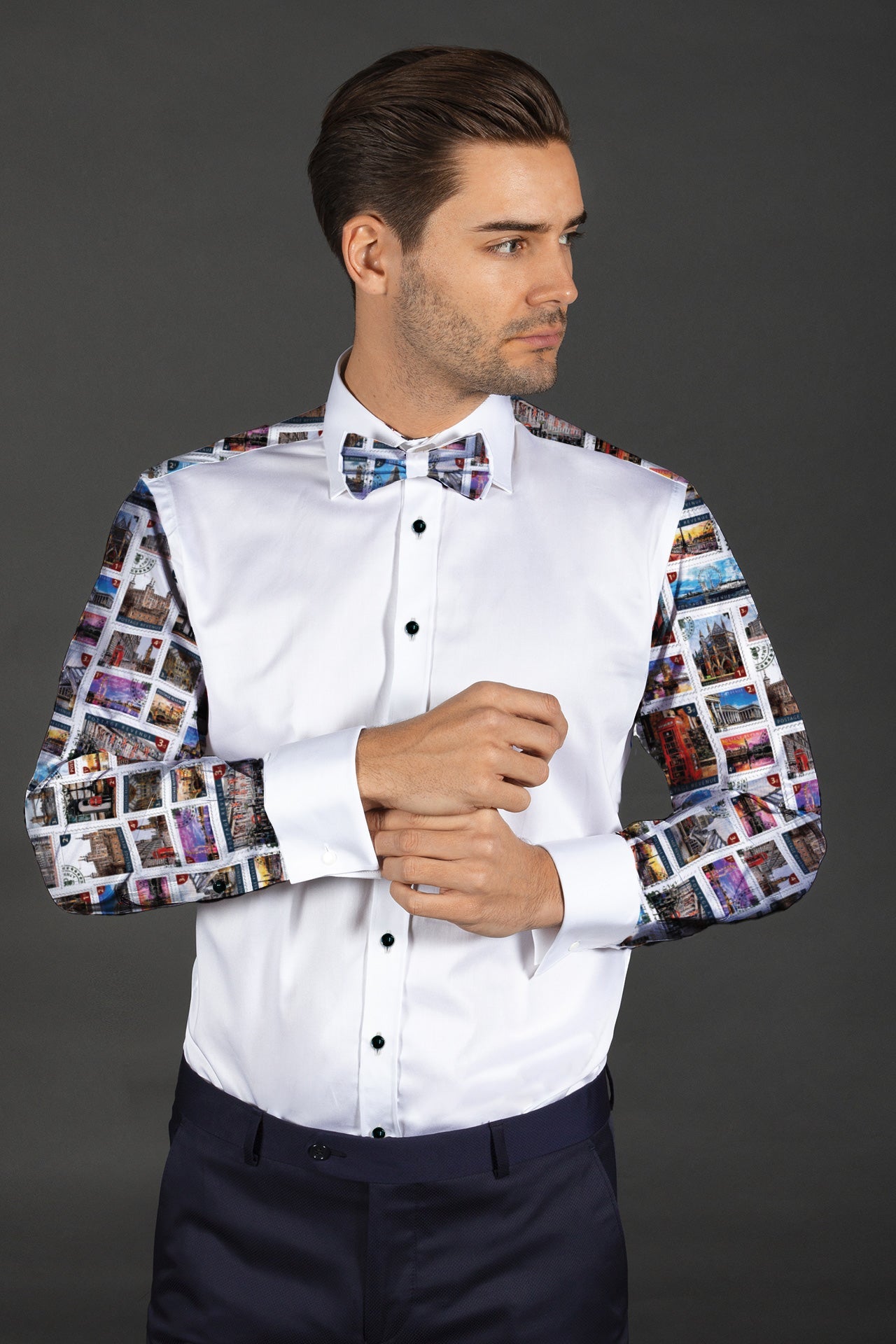 LONDON STAMP TUXEDO SHIRT - Premium Men's Patterned Shirt by Claudio Lugli | Bold Design, Tailored Fit, Best Printed Shirts