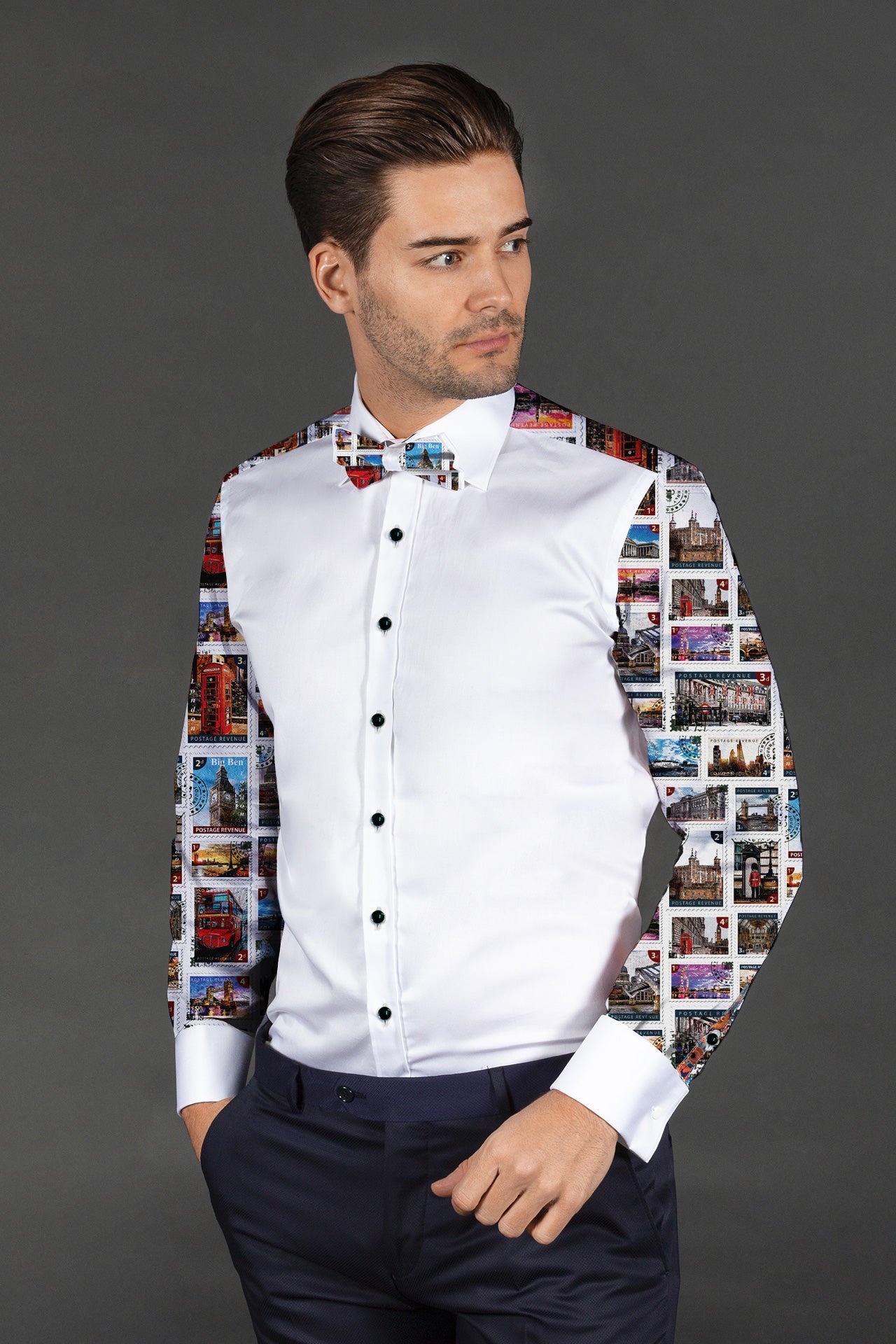 LONDON STAMP TUXEDO SHIRT - Premium Men's Patterned Shirt by Claudio Lugli | Bold Design, Tailored Fit, Best Printed Shirts
