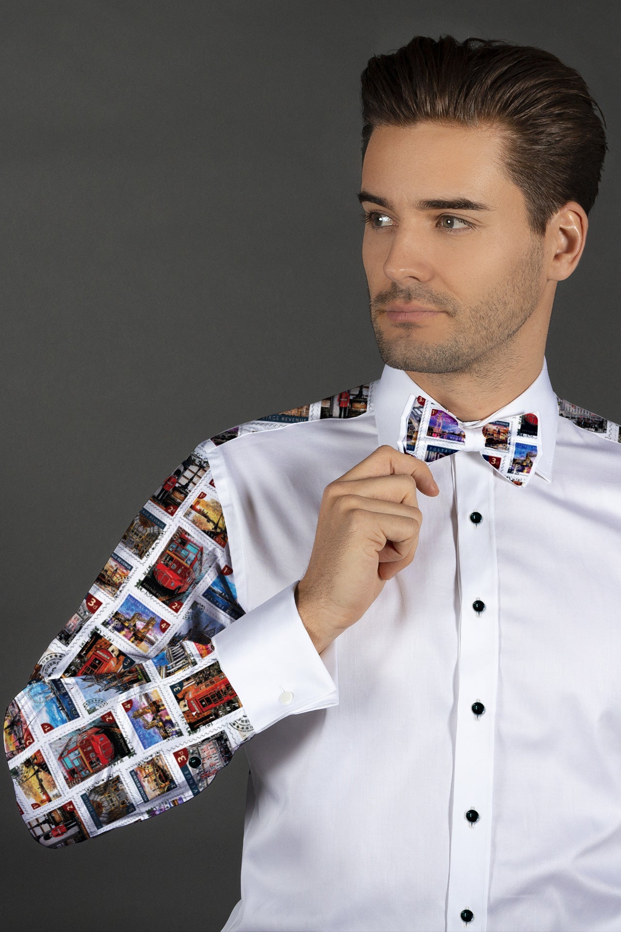 LONDON STAMP TUXEDO SHIRT - Premium Men's Patterned Shirt by Claudio Lugli | Bold Design, Tailored Fit, Best Printed Shirts