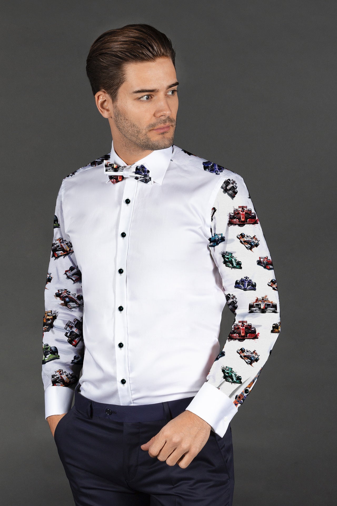 F1 CARS TUXEDO SHIRT - Premium Men's Patterned Shirt by Claudio Lugli | Bold Design, Tailored Fit, Best Printed Shirts
