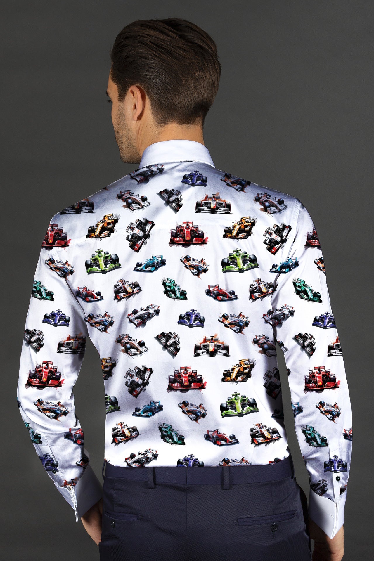 F1 CARS TUXEDO SHIRT - Premium Men's Patterned Shirt by Claudio Lugli | Bold Design, Tailored Fit, Best Printed Shirts