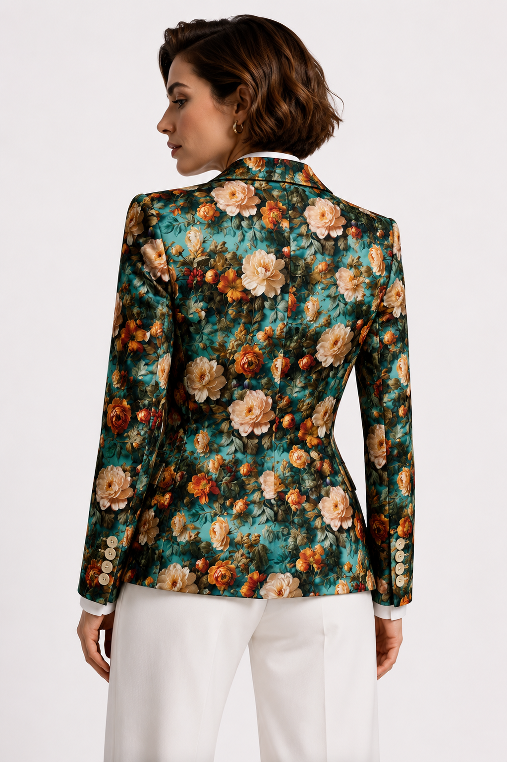 Renaissance cream rose and emerald foliage print on blazer CLWJ2609