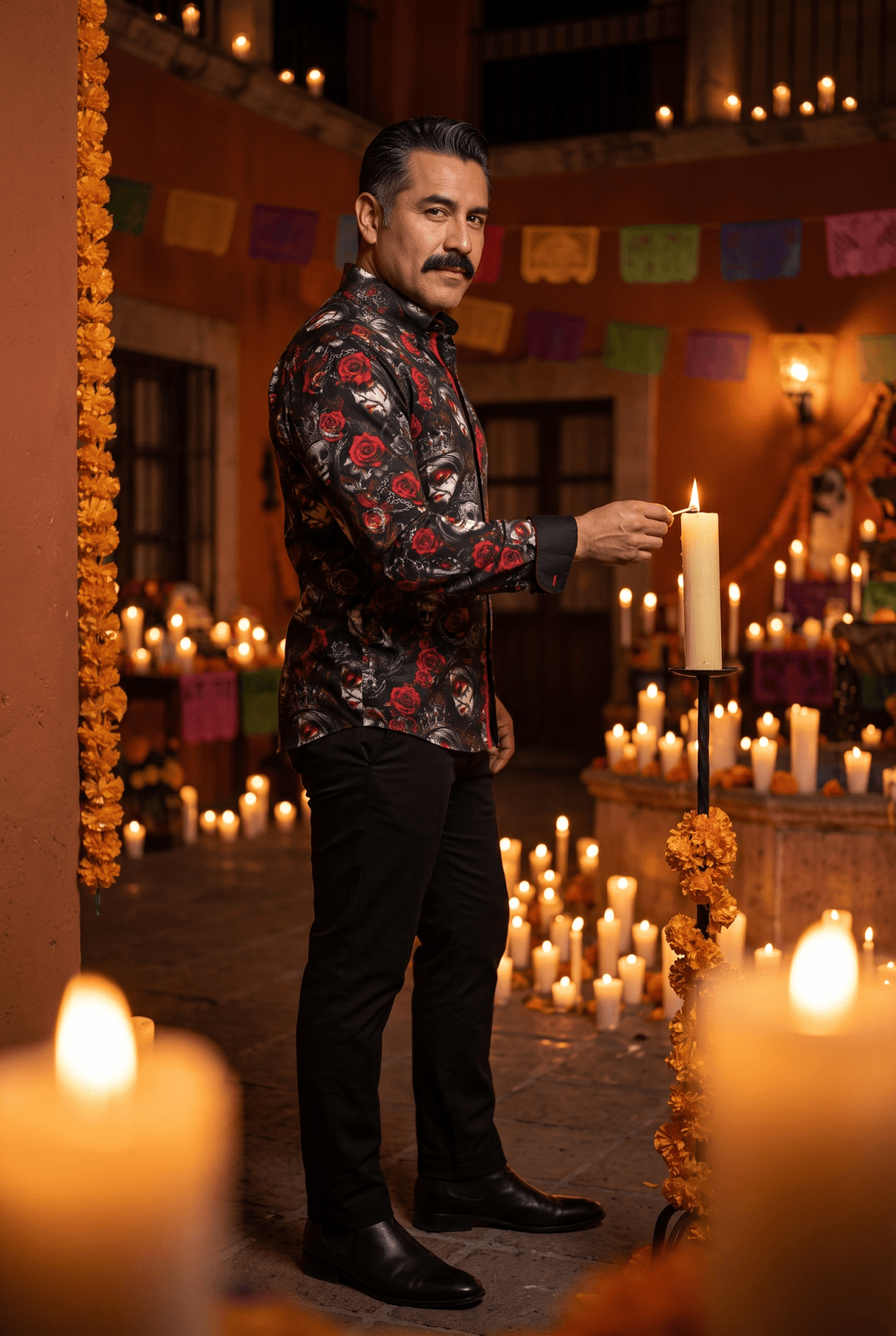 Premium satin cotton in black makes every colour in the Day of the Dead print sit up, sized S to 6XL.