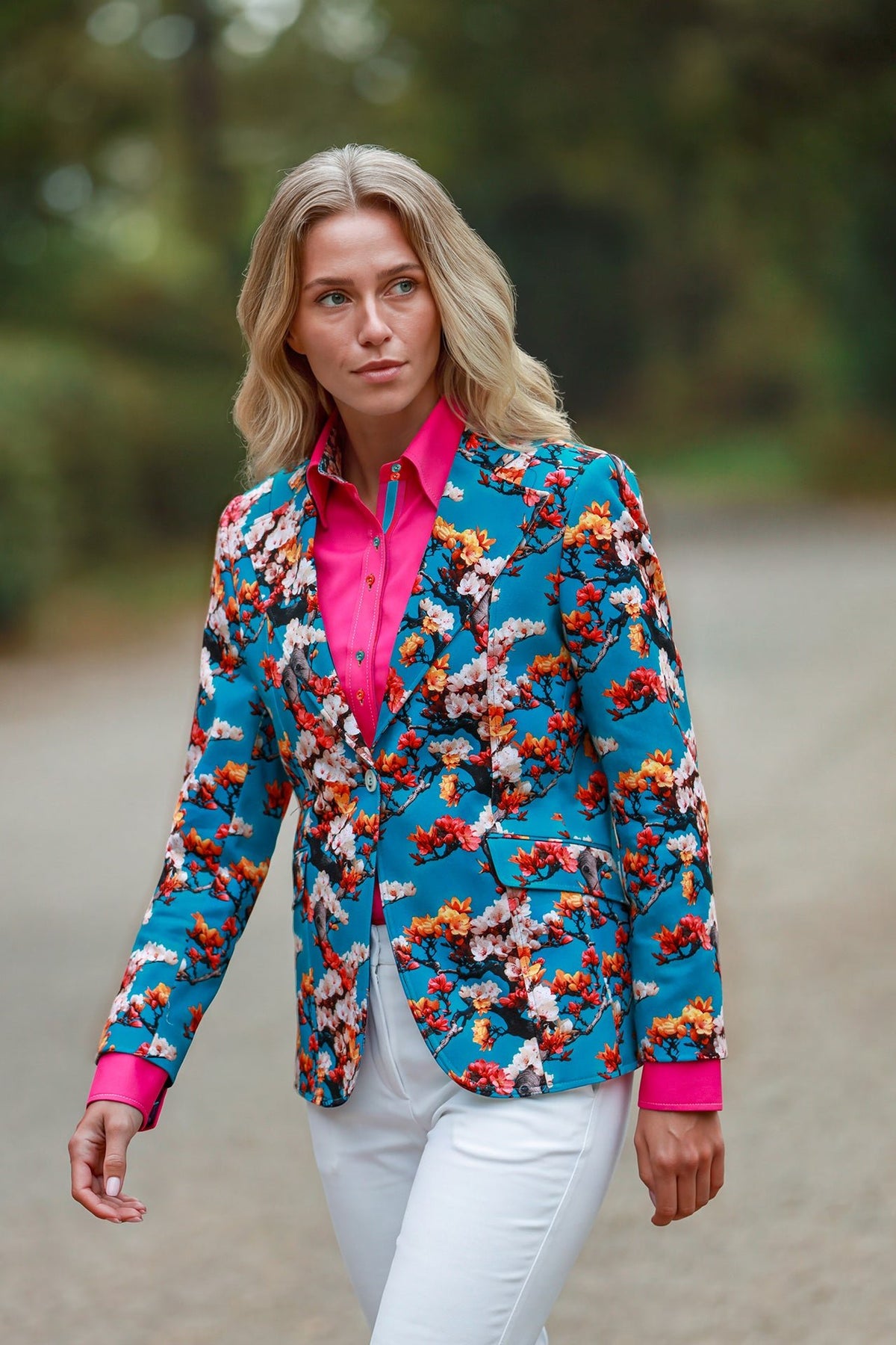 Claudio Lugli Enchanted Garden Print Blazer, close detail of the aqua ground with coral, ivory and tangerine blossom