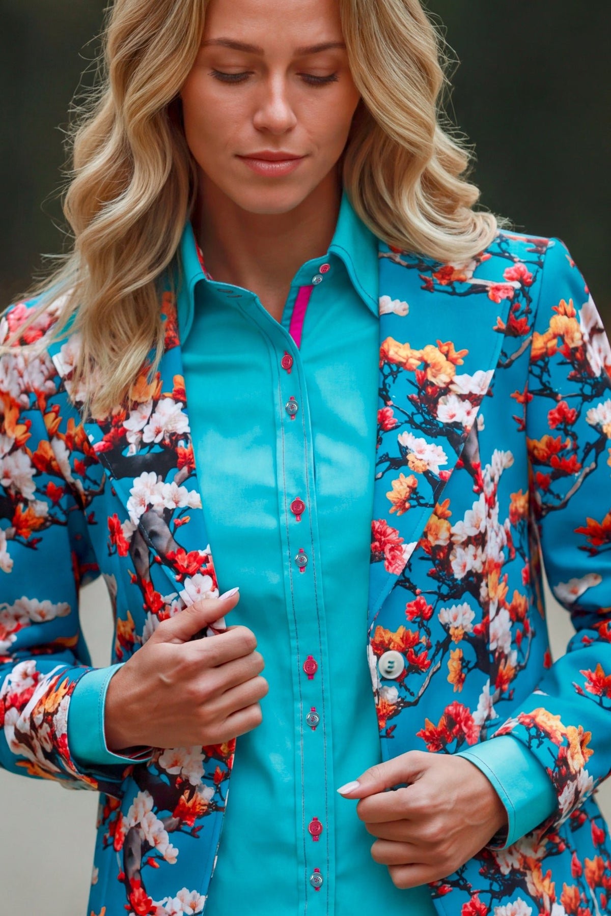 Claudio Lugli Enchanted Garden Print Blazer in aqua, front view showing the notch lapels and one-button fastening on the blossom print