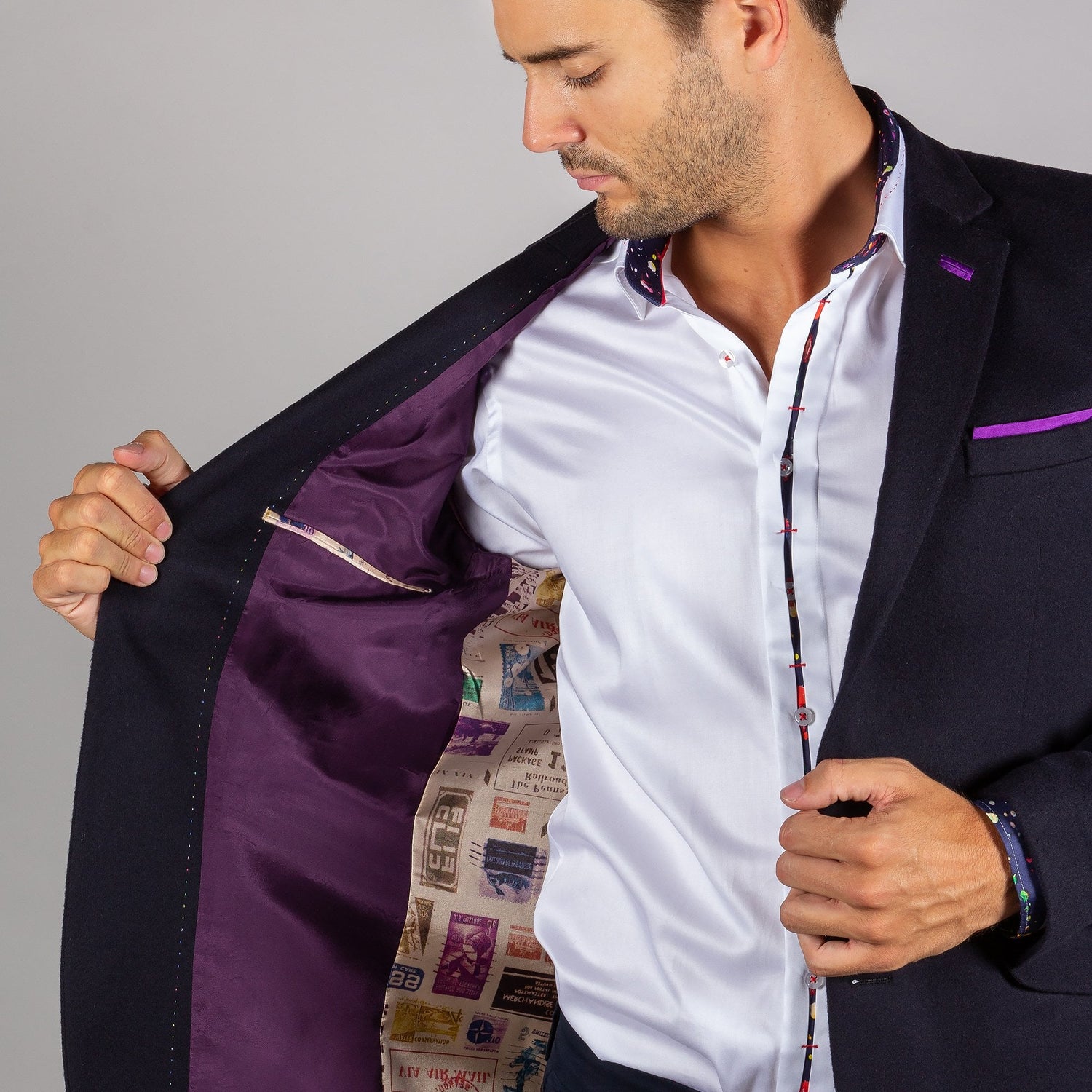 FITTED JACKET WITH PURPLE PIPING - Claudio Lugli Shirts