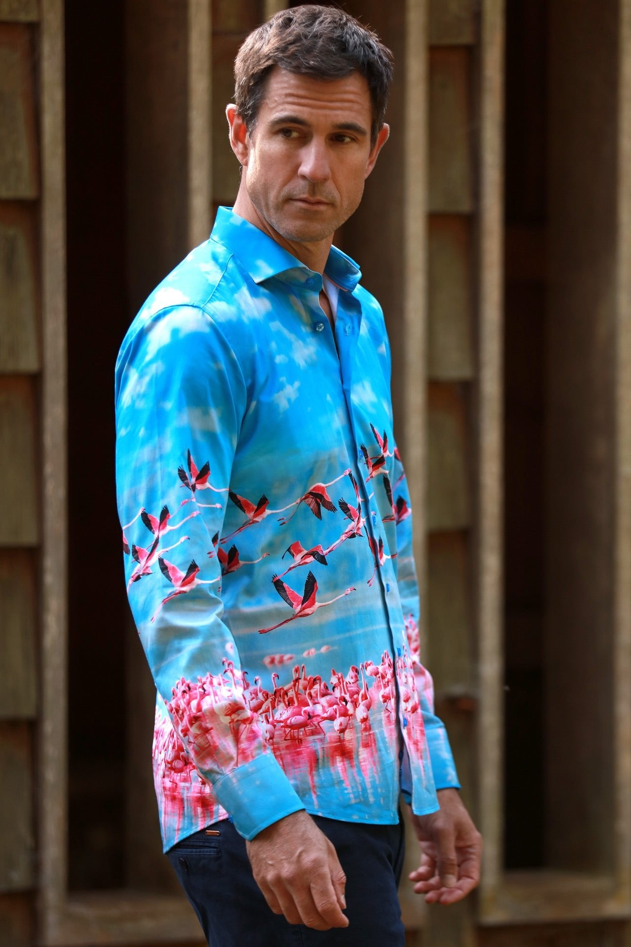 FLAMINGOS IN FLIGHT PLACEMENT SHIRT - Premium Men's Patterned Shirt by Claudio Lugli | Bold Design, Tailored Fit, Best Printed Shirts