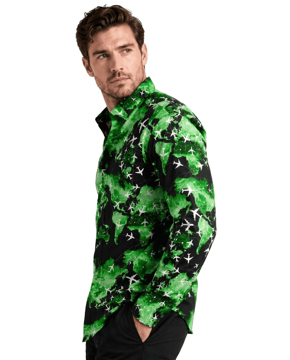 Flight Map Satin Cotton Printed Shirt - Claudio Lugli Shirts