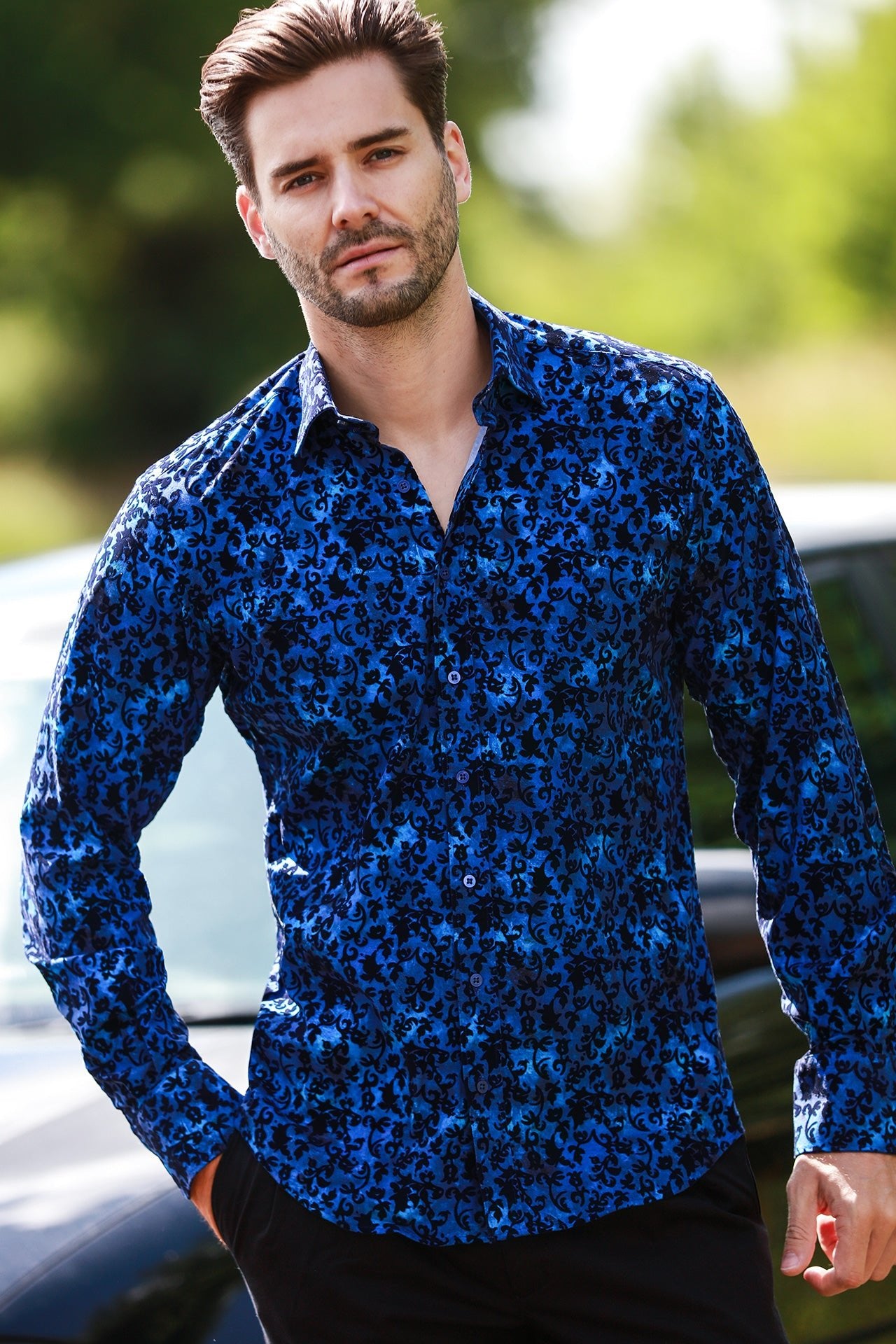 FLORAL FLOCKING SHIRT ON VIBRANT ELECTRIC BLUE TENCEL BASE - Claudio Lugli Shirts