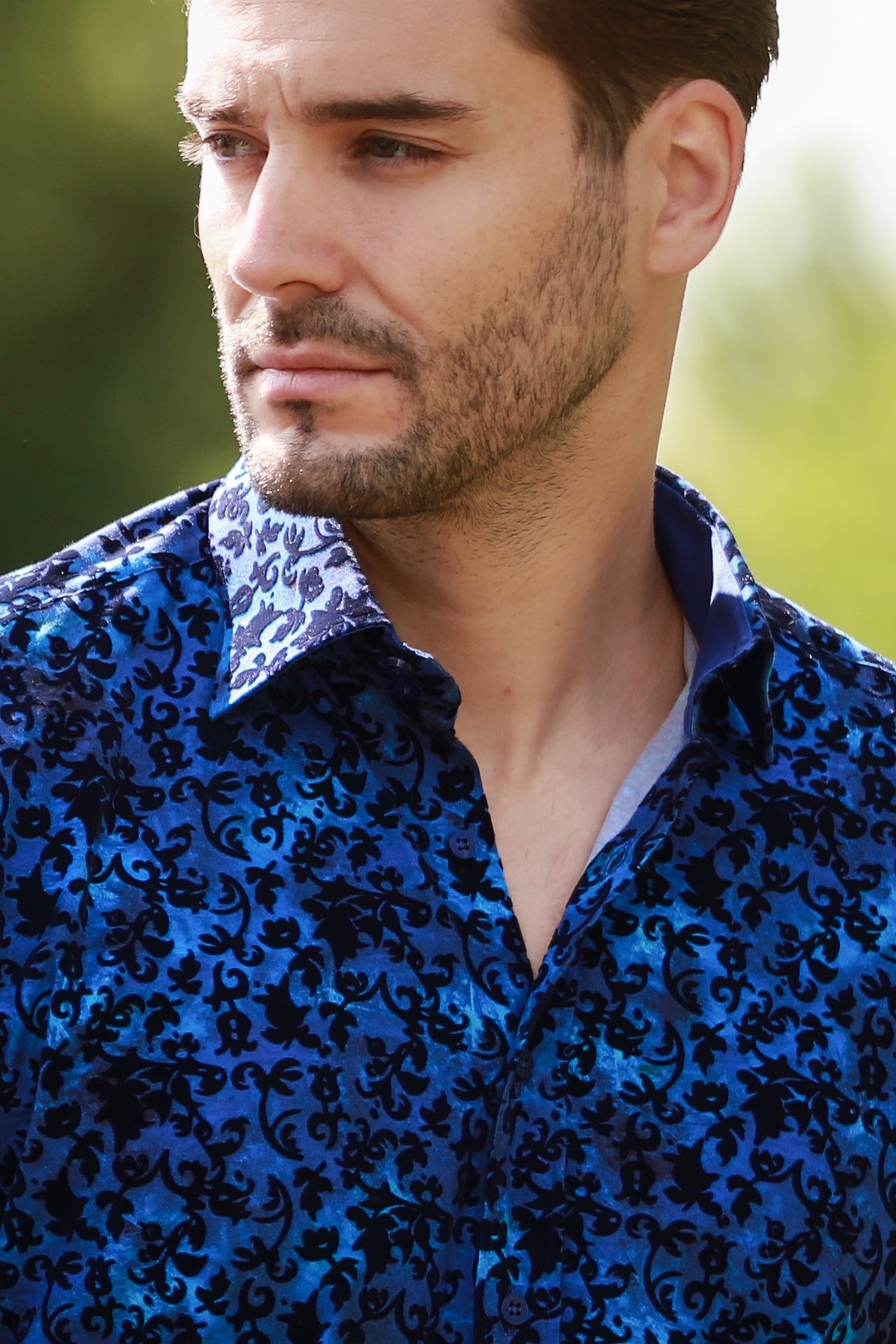 FLORAL FLOCKING SHIRT ON VIBRANT ELECTRIC BLUE TENCEL BASE - Claudio Lugli Shirts