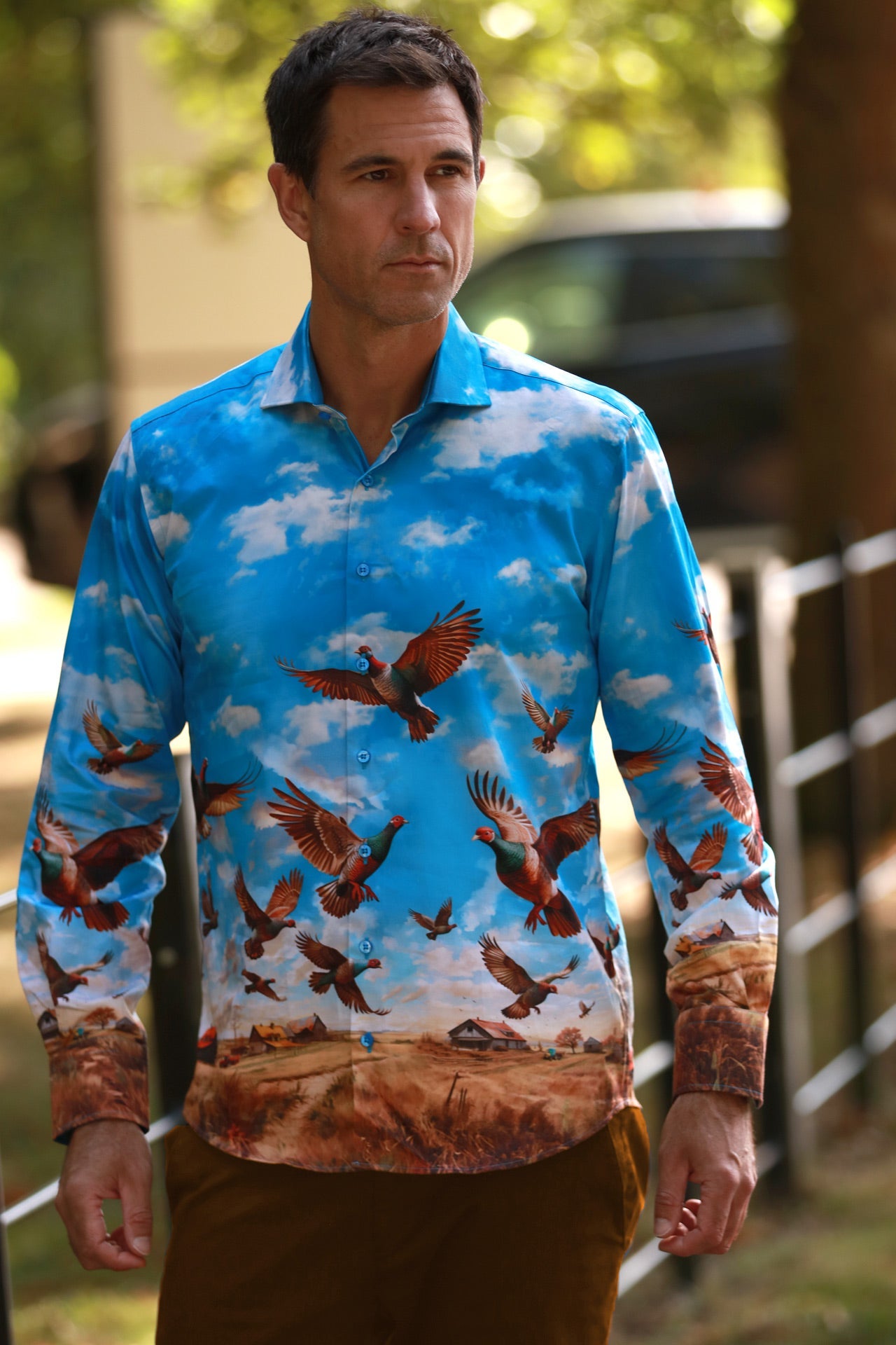 FLYING PHEASANTS PLACEMENT PRINT SHIRT - Premium Men's Patterned Shirt by Claudio Lugli | Bold Design, Tailored Fit, Best Printed Shirts