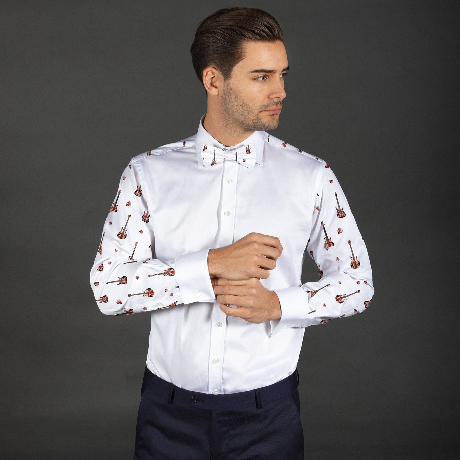 GUITAR PRINTED TUXEDO SHIRT WITH BOWTIE - Premium Men's Patterned Shirt by Claudio Lugli | Bold Design, Tailored Fit, Best Printed Shirts