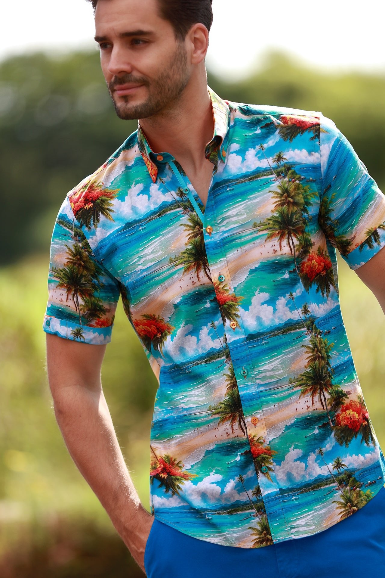 HAWAIIAN BEACH PRINT SHORT SLEEVE SHIRT – Premium Men's Patterned Shirt by Claudio Lugli | Bold Design, Tailored Fit, Best Printed Shirts