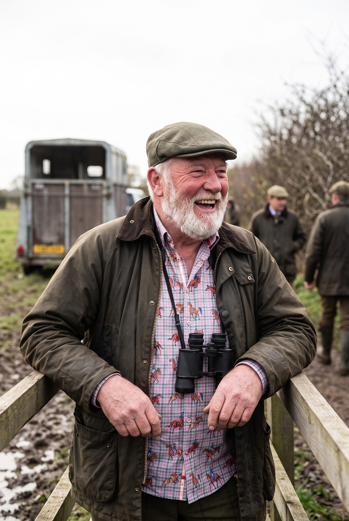 A man in his late sixties in a flat cap wearing the Claudio Lugli Dressage Horses Check Print Shirt under an open waxed jacket, leaning on the rail at an autumn point to point meeting with binoculars at his chest, the pink check ground and small horse and rider motifs visible