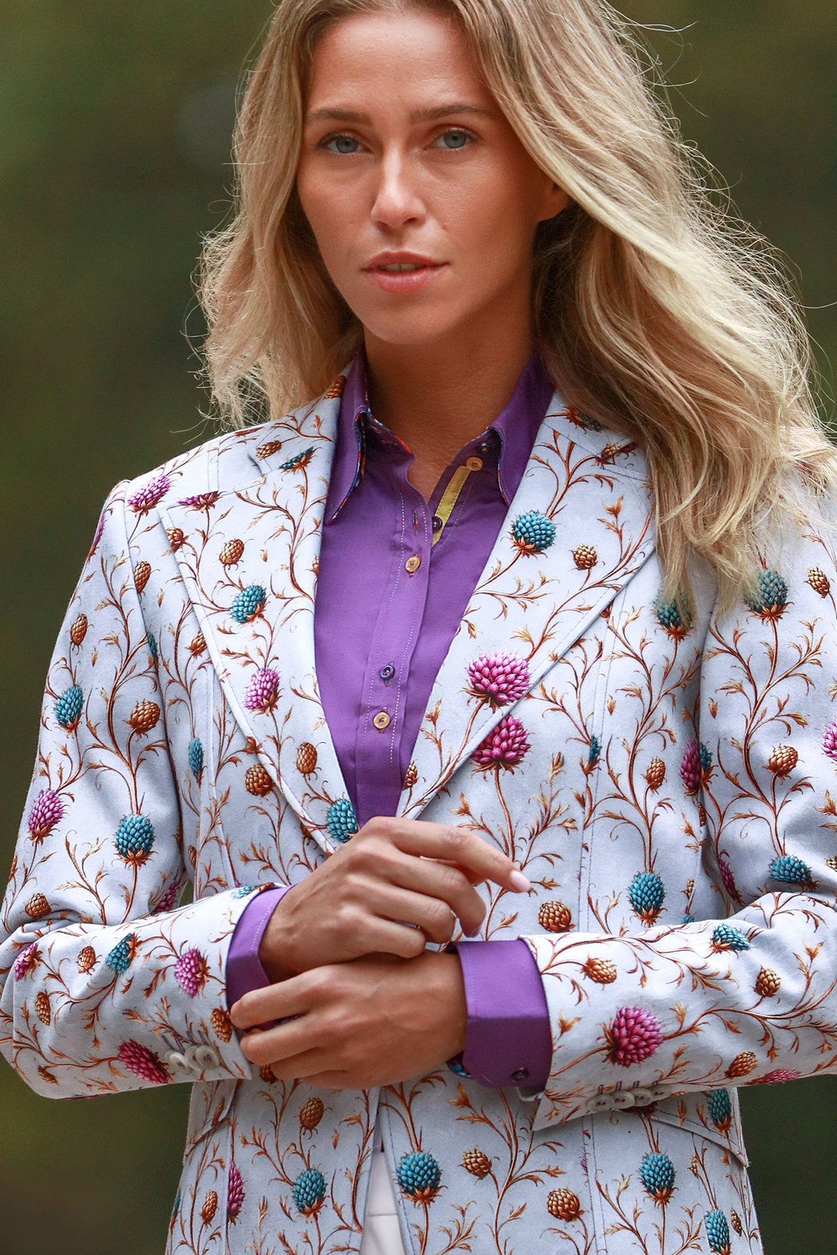 Claudio Lugli Highland Jewel Thistle Print Blazer, front view showing the notch lapels and one-button fastening on the thistle print