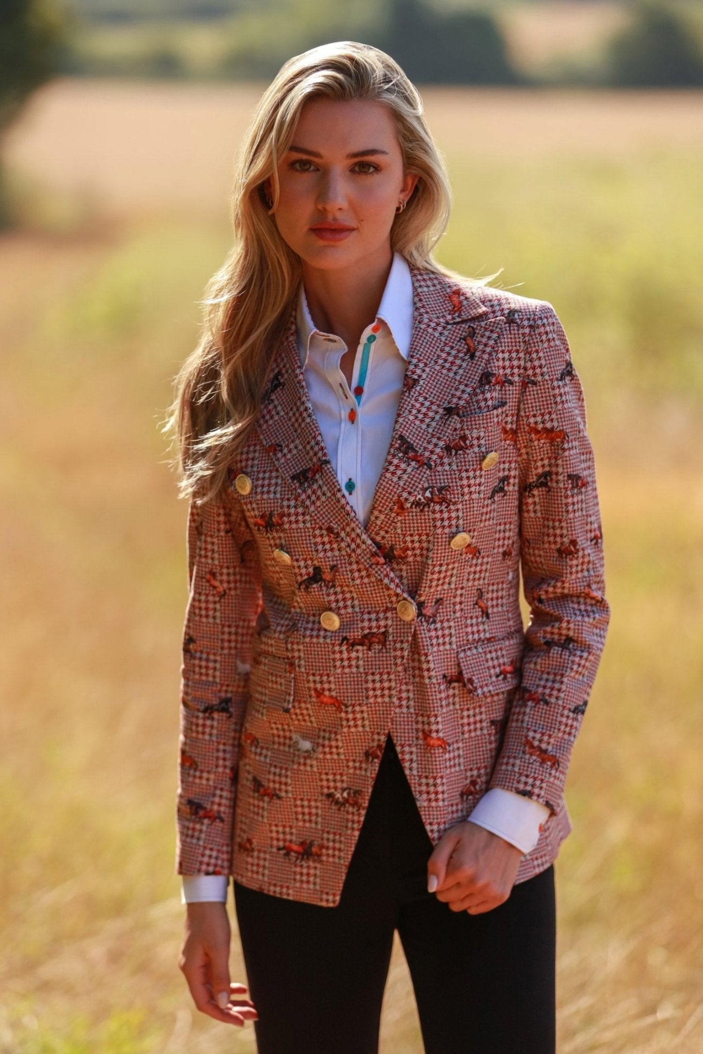 HOUNDSTOOTH AND MUSTANGS DOUBLE BREASTED PRINTED WOMENS JACKET - Premium Men's Patterned Shirt by Claudio Lugli | Bold Design, Tailored Fit, Best Printed Shirts