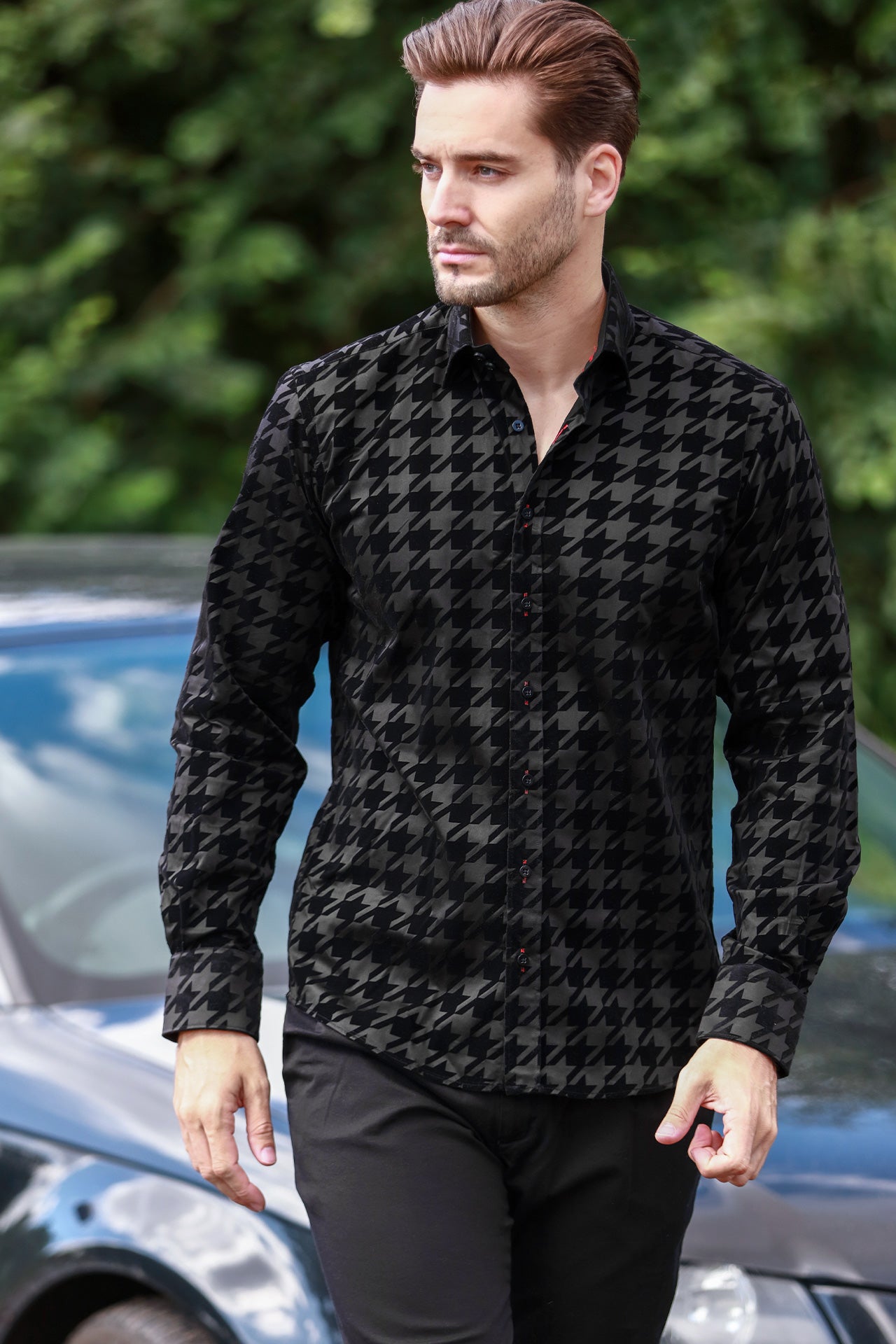 HOUNDSTOOTH FLOCKING SHIRT ON JET - BLACK TENCEL BASE - Claudio Lugli Shirts