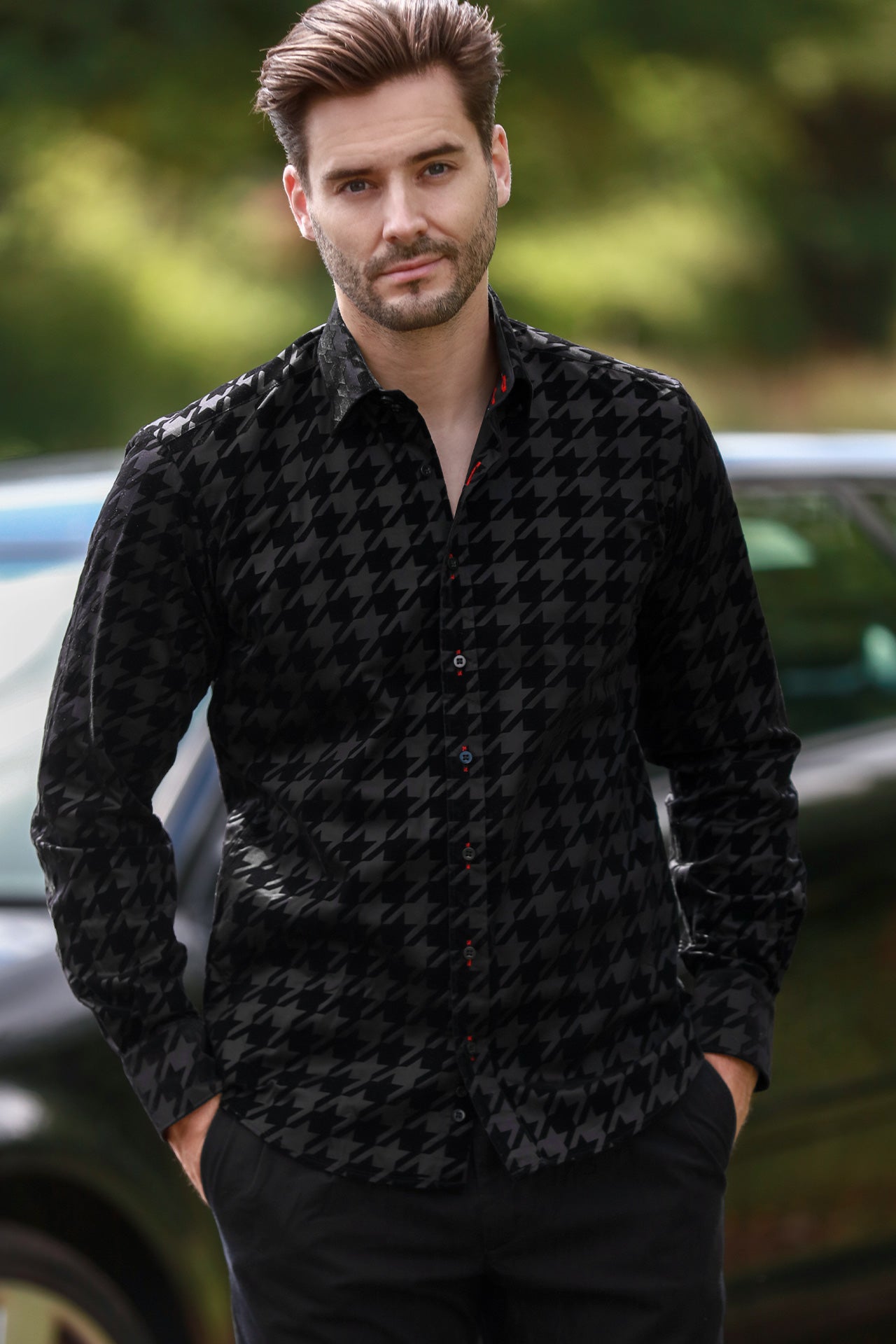 HOUNDSTOOTH FLOCKING SHIRT ON JET - BLACK TENCEL BASE - Claudio Lugli Shirts