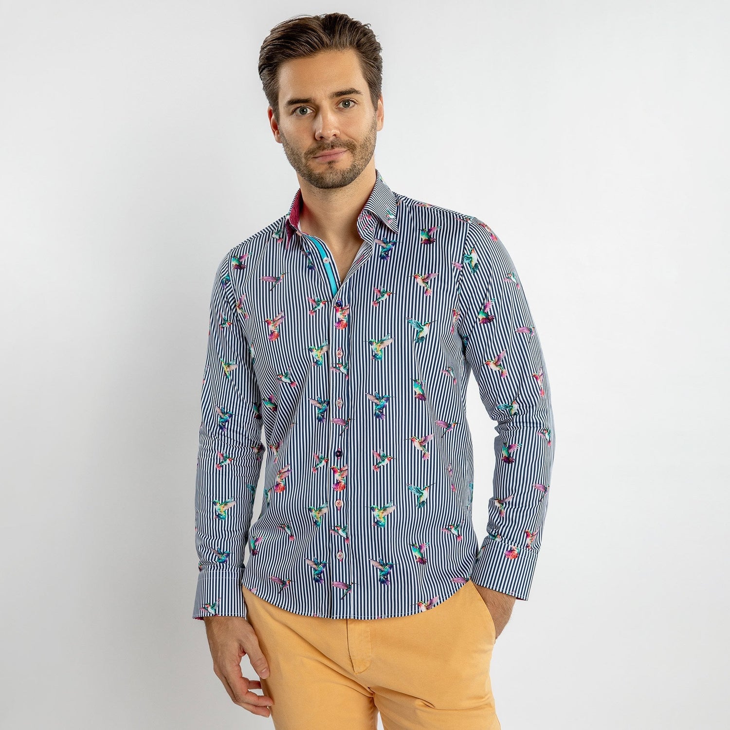HUMMINGBIRD STRIPED PRINT SHIRT – Premium Men's Patterned Shirt by Claudio Lugli | Bold Design, Tailored Fit, Best Printed Shirts