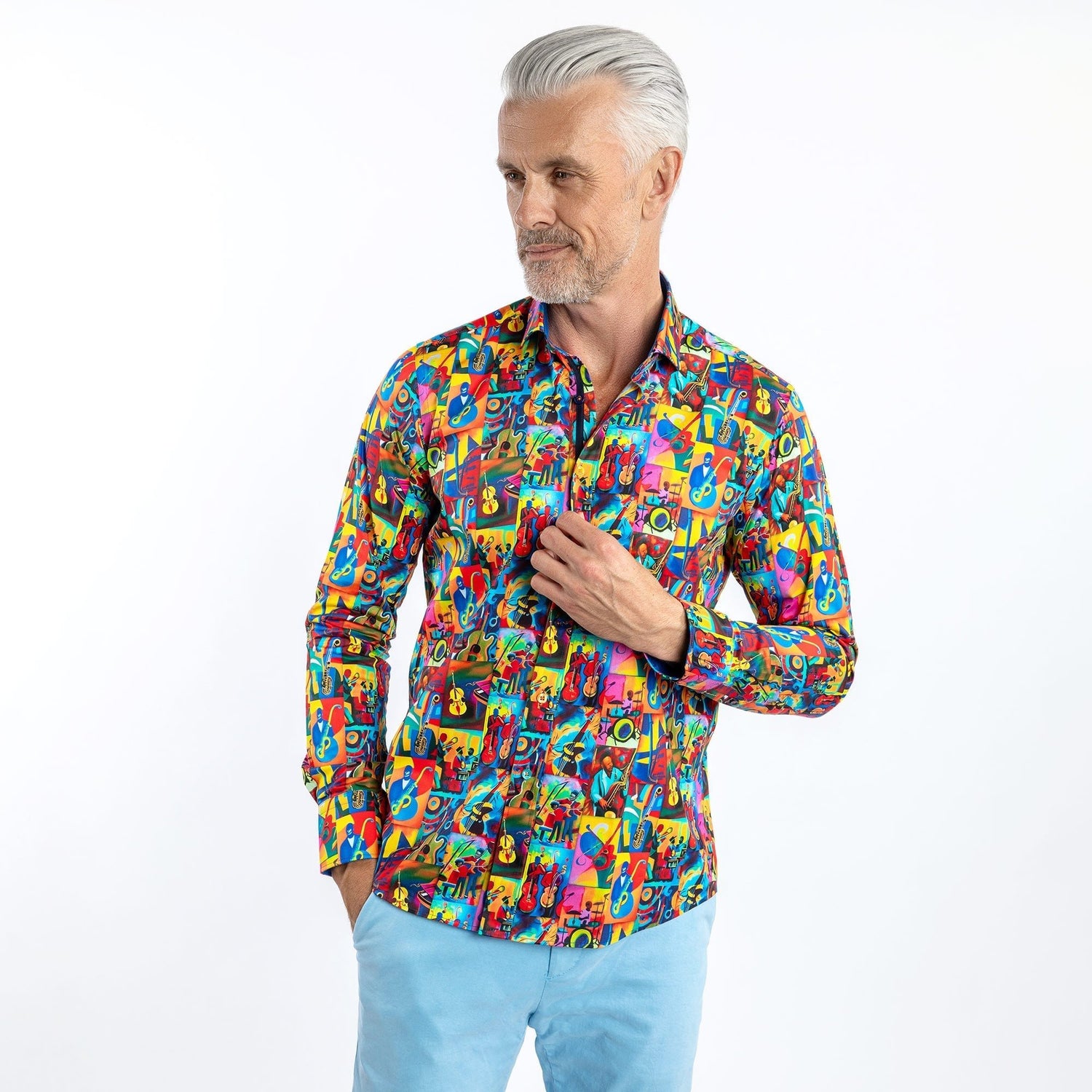JAZZ MUSIC CUBISM ART PRINT SHIRT – Premium Men's Patterned Shirt by Claudio Lugli | Bold Design, Tailored Fit, Best Printed Shirts