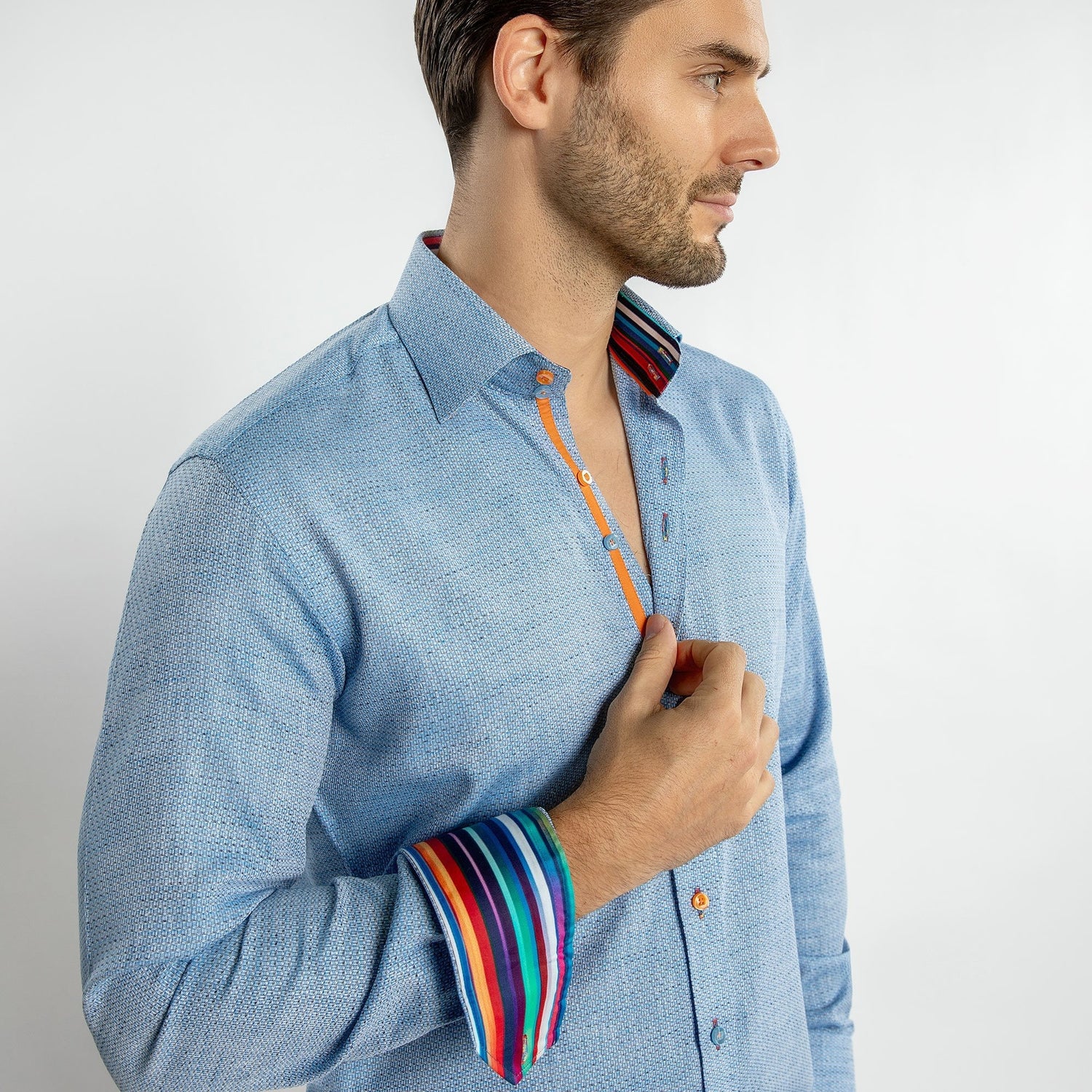 KNITTED CLASSIC JACQUARD SHIRT WITH MULTICOLOURED STRIPE INSERT - Premium Men's Patterned Shirt by Claudio Lugli | Bold Design, Tailored Fit, Best Printed Shirts