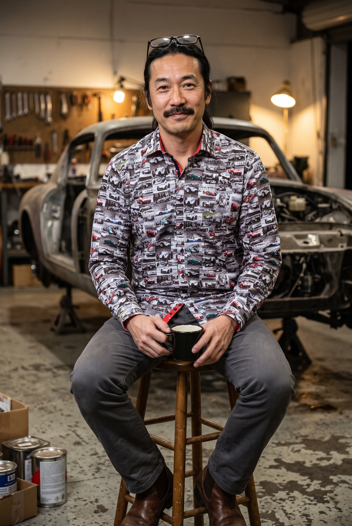 Vintage Race Car Print Shirt by Claudio Lugli – motorsport weekend outfit idea for men. Seated on stool, forearms on knees, classic-car workshop at night. Model: Japanese, 45, long hair tied back, moustache, glasses on head, medium. Designed in London, sizes S to 6XL.