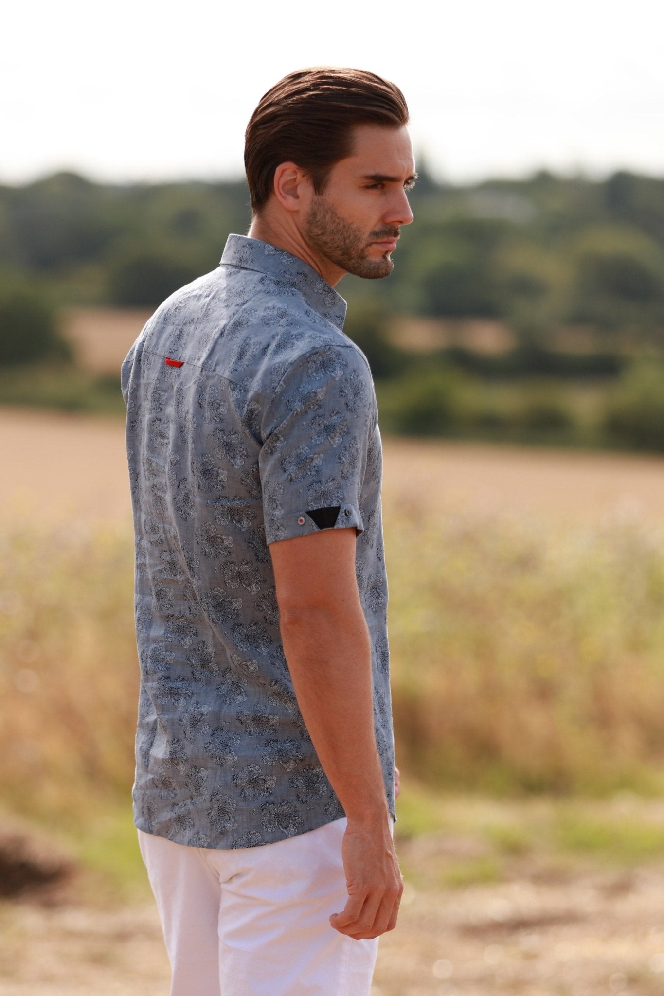 LINEN GREY FLOWER MEN SHORT SLEEVE - Premium Men's Patterned Shirt by Claudio Lugli | Bold Design, Tailored Fit, Best Printed Shirts