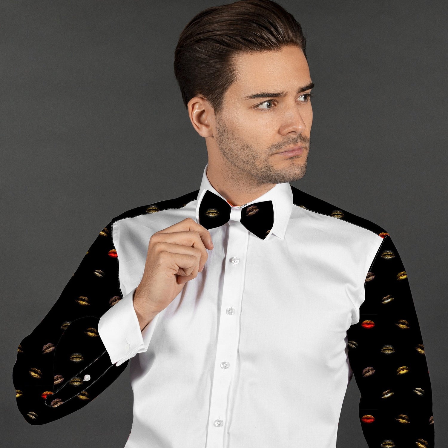 LIPS PRINTED TUXEDO SHIRT WITH BOWTIE - Premium Men's Patterned Shirt by Claudio Lugli | Bold Design, Tailored Fit, Best Printed Shirts