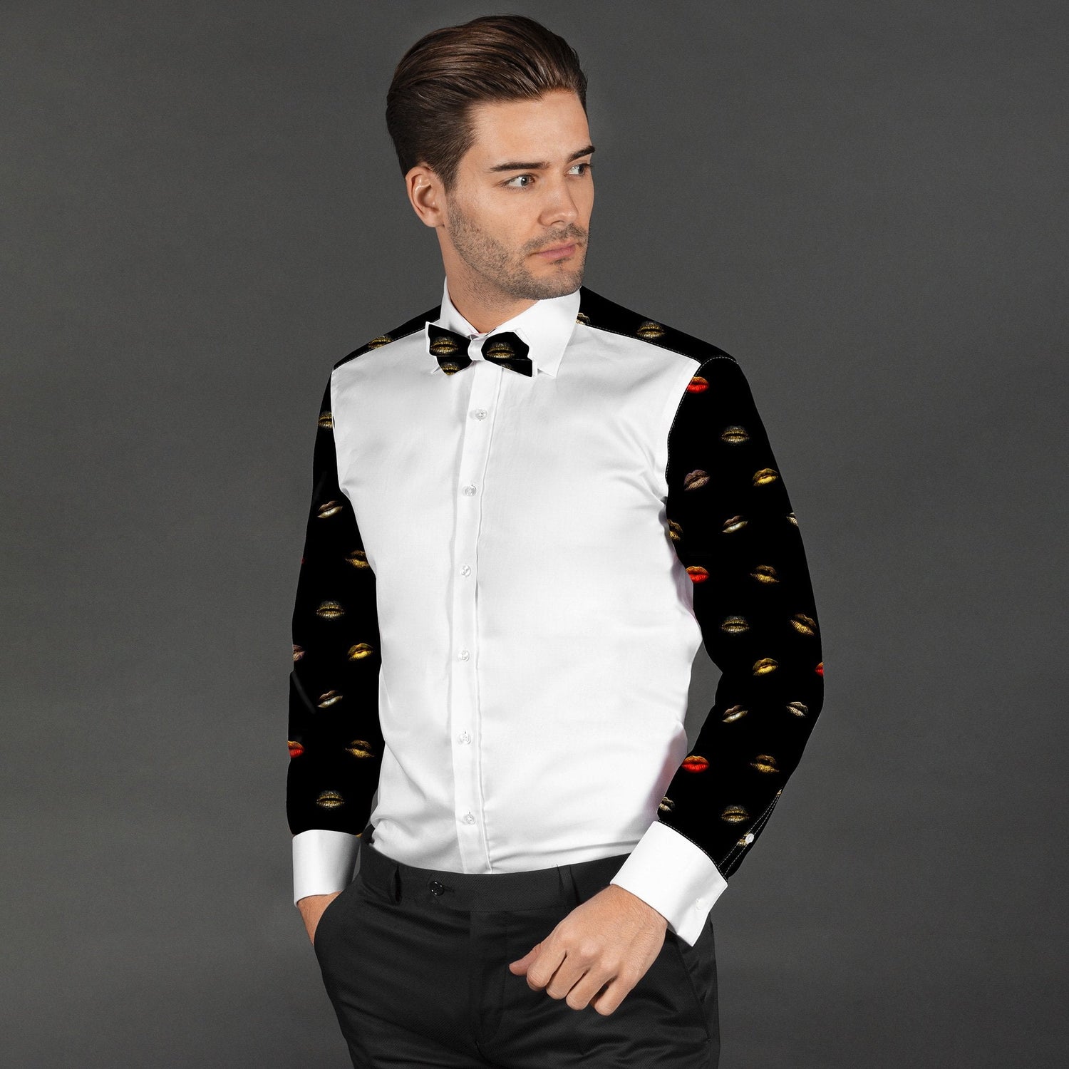 LIPS PRINTED TUXEDO SHIRT WITH BOWTIE - Premium Men's Patterned Shirt by Claudio Lugli | Bold Design, Tailored Fit, Best Printed Shirts