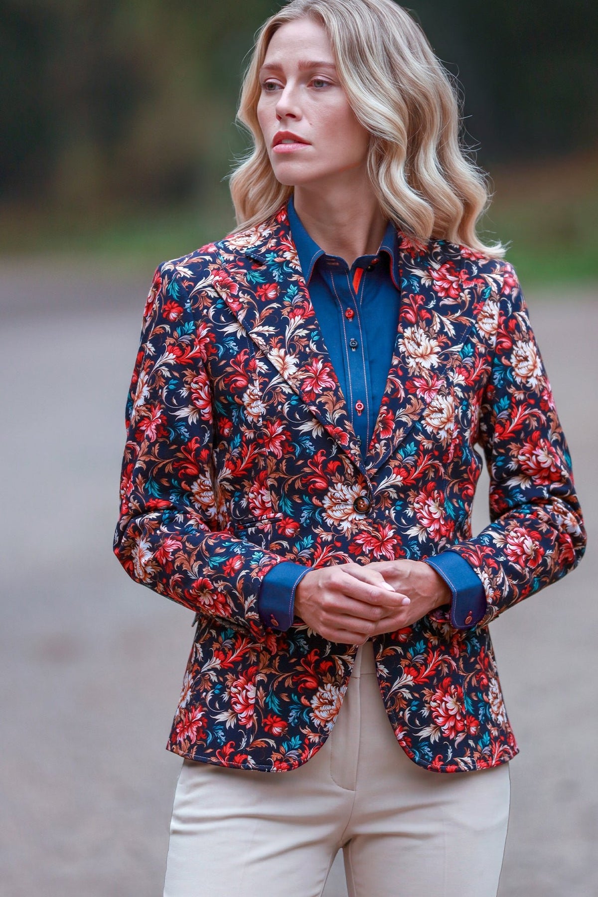 Claudio Lugli Midnight Baroque Bloom Print Blazer, navy blazer with crimson, ivory and antique-gold florals, front view