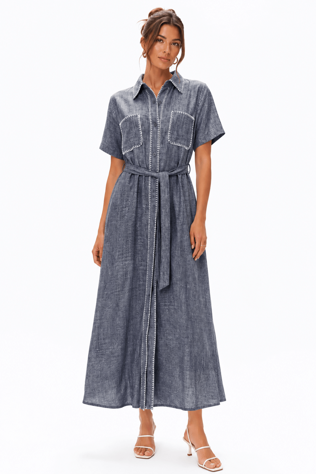 MISS CHARM CONTRAST STITCH LINEN BLEND SHIRT DRESS - Claudio Lugli Shirts