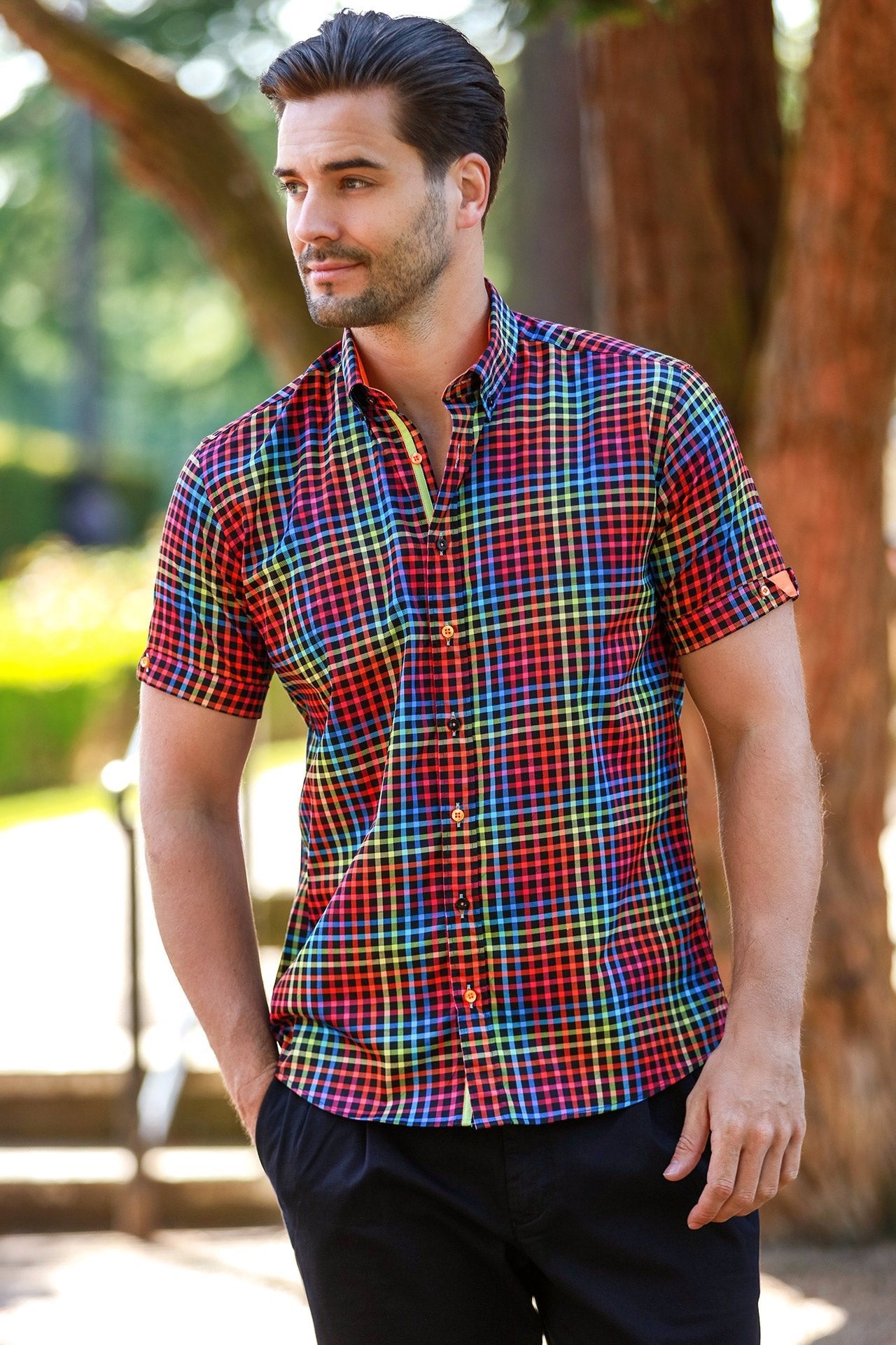 MULTICOLOR CHECK SHORT SLEEVE SHIRT – Premium Men's Patterned Shirt by Claudio Lugli | Bold Design, Tailored Fit, Best Printed Shirts