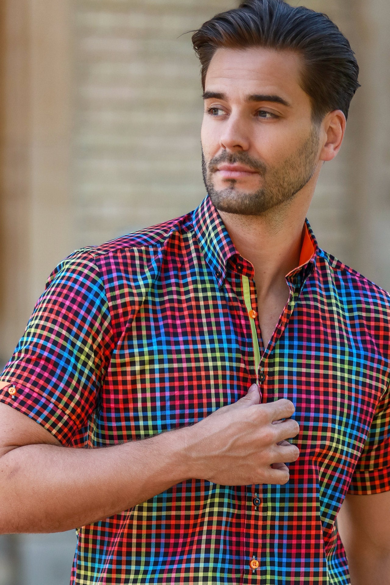 MULTICOLOR CHECK SHORT SLEEVE SHIRT – Premium Men's Patterned Shirt by Claudio Lugli | Bold Design, Tailored Fit, Best Printed Shirts
