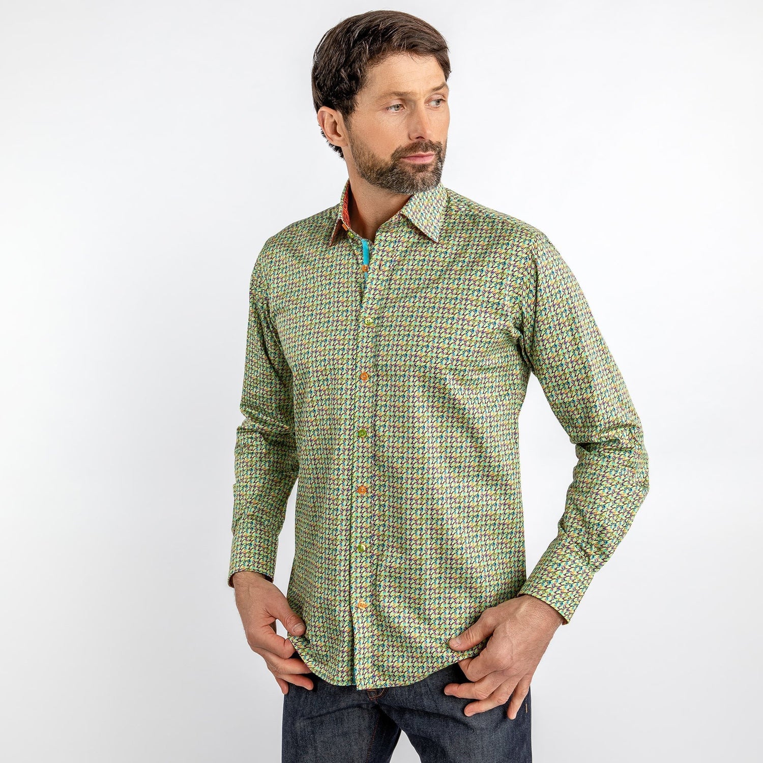 MULTICOLOUR SMALL HOUNDSTOOTH PRINT SHIRT - Premium Men's Patterned Shirt by Claudio Lugli | Bold Design, Tailored Fit, Best Printed Shirts