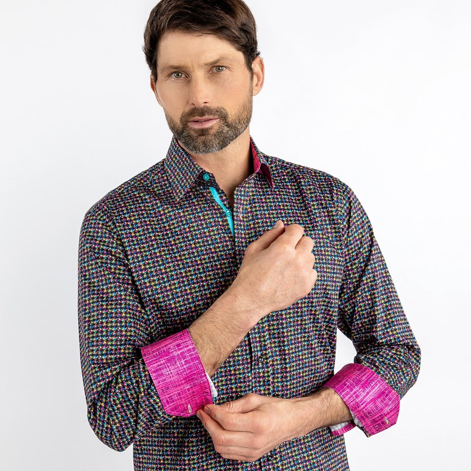 MULTICOLOUR SMALL HOUNDSTOOTH PRINT SHIRT - Premium Men's Patterned Shirt by Claudio Lugli | Bold Design, Tailored Fit, Best Printed Shirts