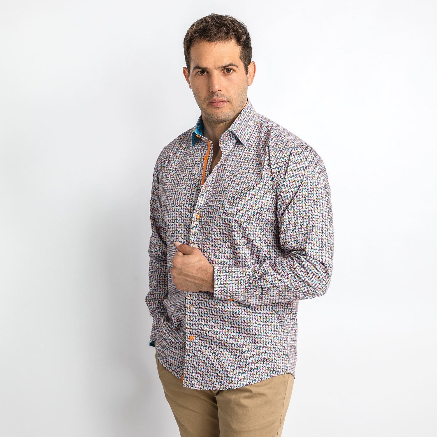 MULTICOLOUR SMALL HOUNDSTOOTH PRINT SHIRT - Premium Men's Patterned Shirt by Claudio Lugli | Bold Design, Tailored Fit, Best Printed Shirts