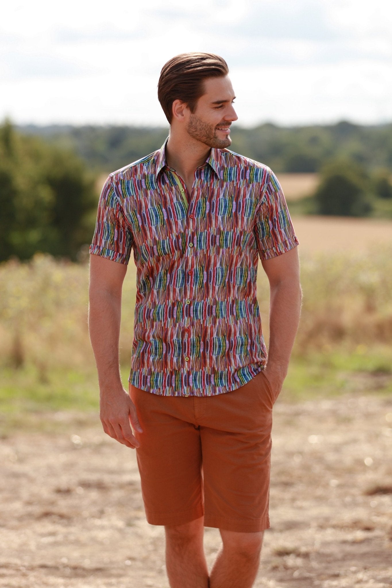 MULTICOLOUR SQUIGGLE LINEN MEN SHORT SLEEVE – Premium Men's Patterned Shirt by Claudio Lugli | Bold Design, Tailored Fit, Best Printed Shirts