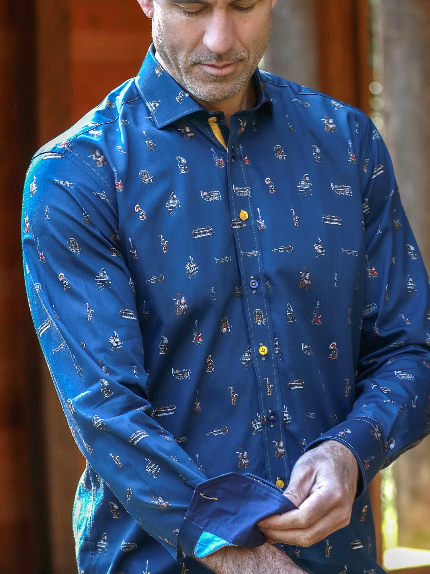 MUSICAL INSTRUMENT PRINT SATIN COTTON SHIRT - Claudio Lugli Shirts