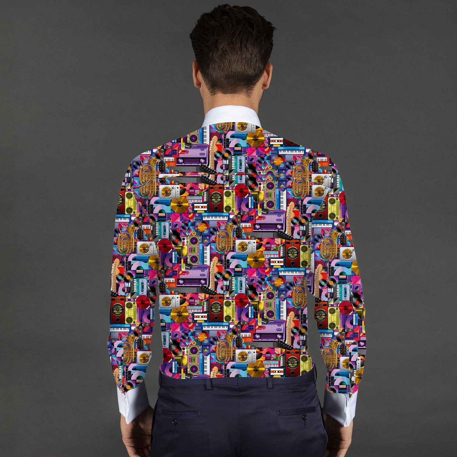 MUSICAL INSTRUMENT PRINTED TUXEDO SHIRT WITH BOWTIE - Premium Men's Patterned Shirt by Claudio Lugli | Bold Design, Tailored Fit, Best Printed Shirts