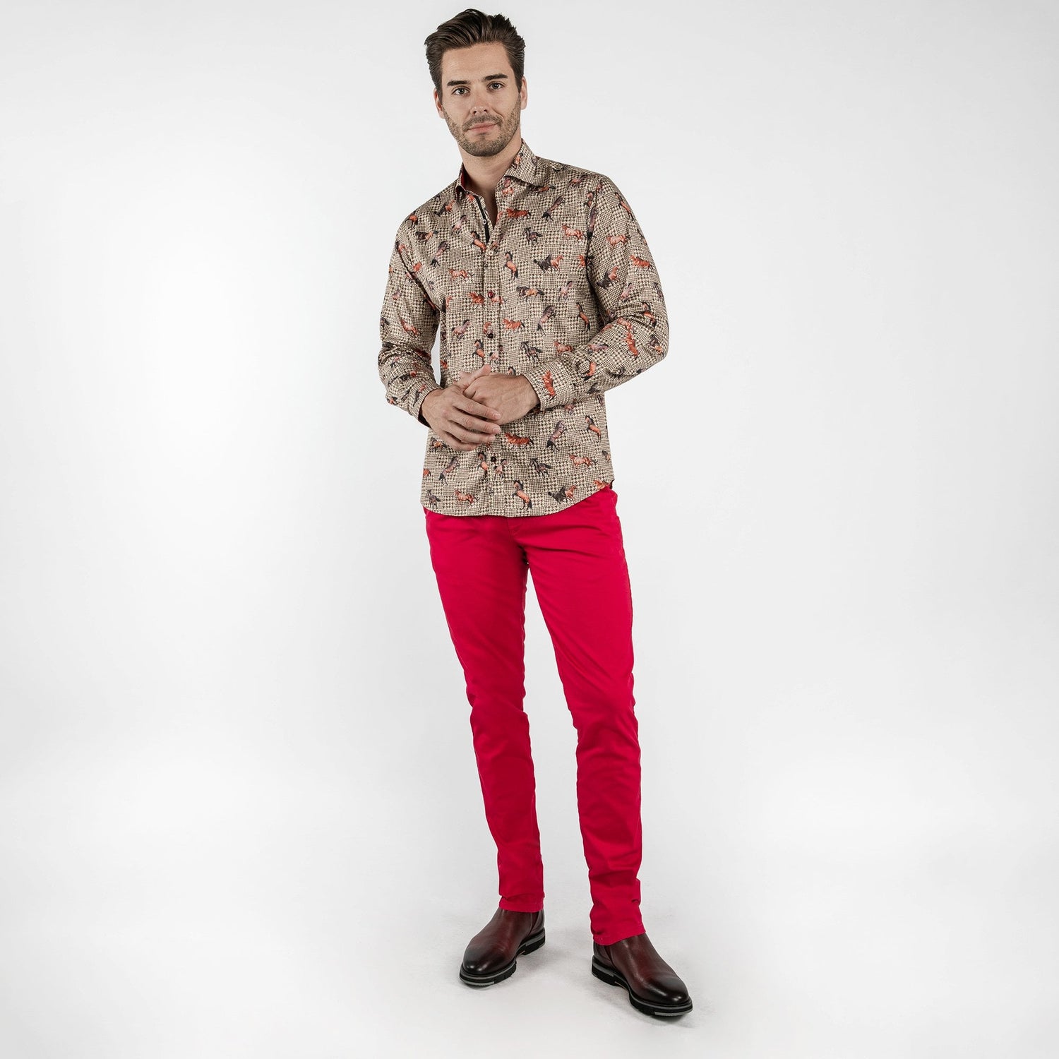 MUSTANG HORSES CHECK HOUNDSTOOTH PRINT SHIRT - Premium Men's Patterned Shirt by Claudio Lugli | Bold Design, Tailored Fit, Best Printed Shirts