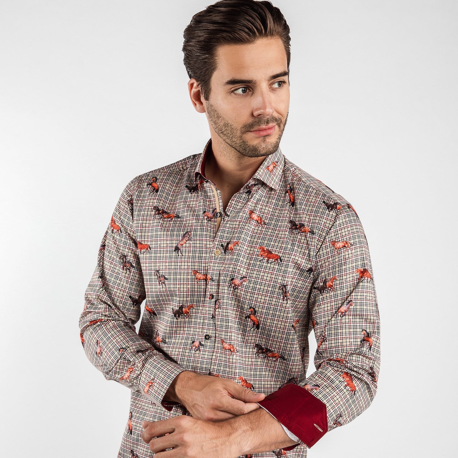 MUSTANGS ON PUPPYTOOTH BACKGROUND PRINT SHIRT - Premium Men's Patterned Shirt by Claudio Lugli | Bold Design, Tailored Fit, Best Printed Shirts