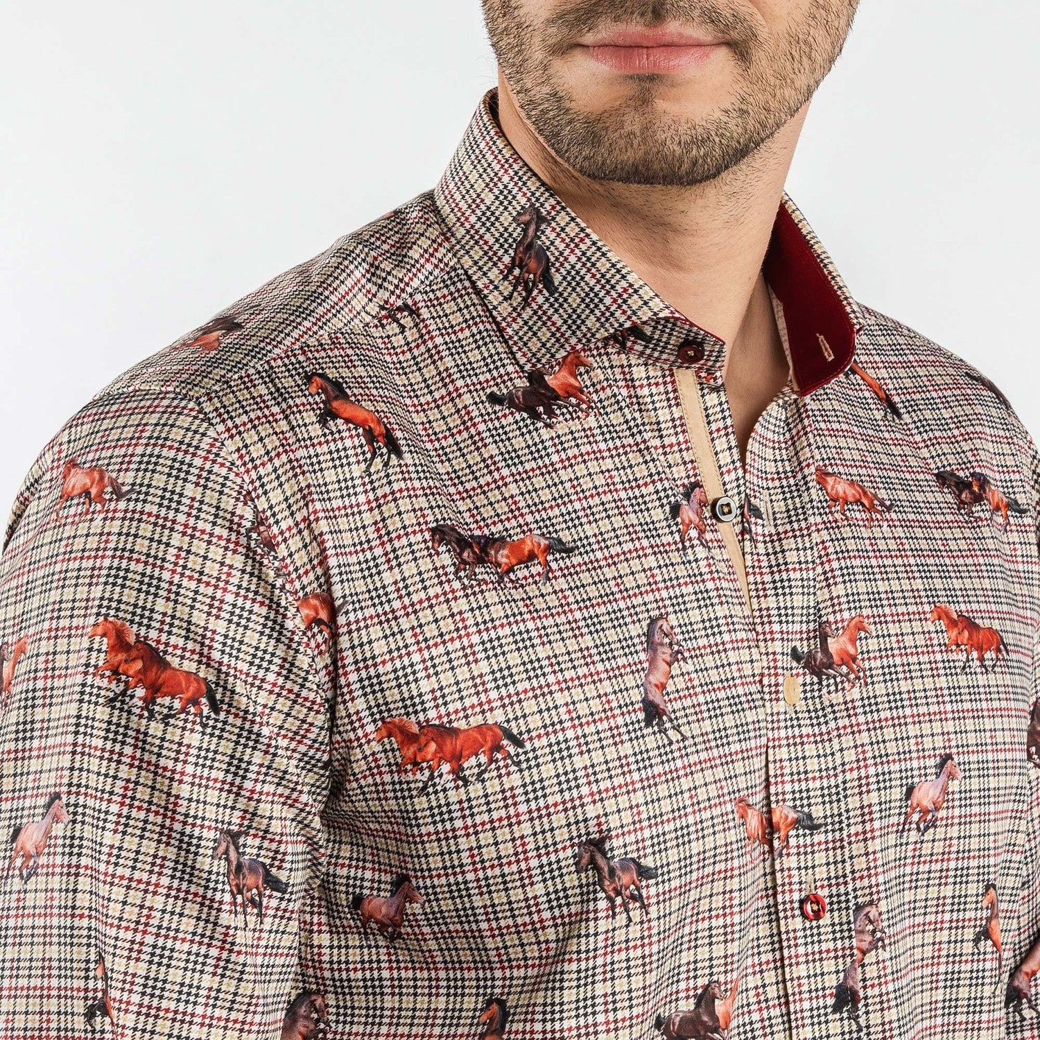MUSTANGS ON PUPPYTOOTH BACKGROUND PRINT SHIRT - Premium Men's Patterned Shirt by Claudio Lugli | Bold Design, Tailored Fit, Best Printed Shirts