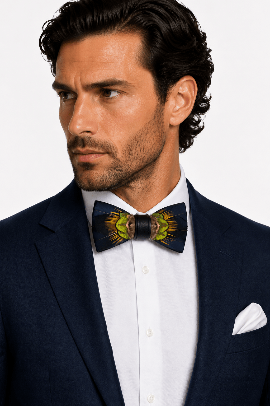Navy & Gold Feather Bow Tie & Lapel Pin Set - Claudio Lugli Shirts