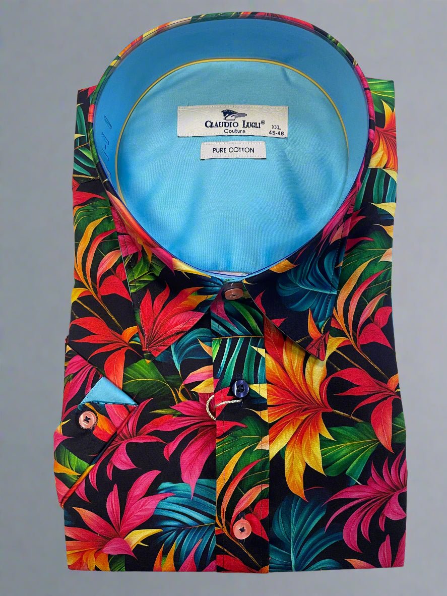 NAVY TROPICAL SHORT SLEEVE SHIRT - Claudio Lugli Shirts