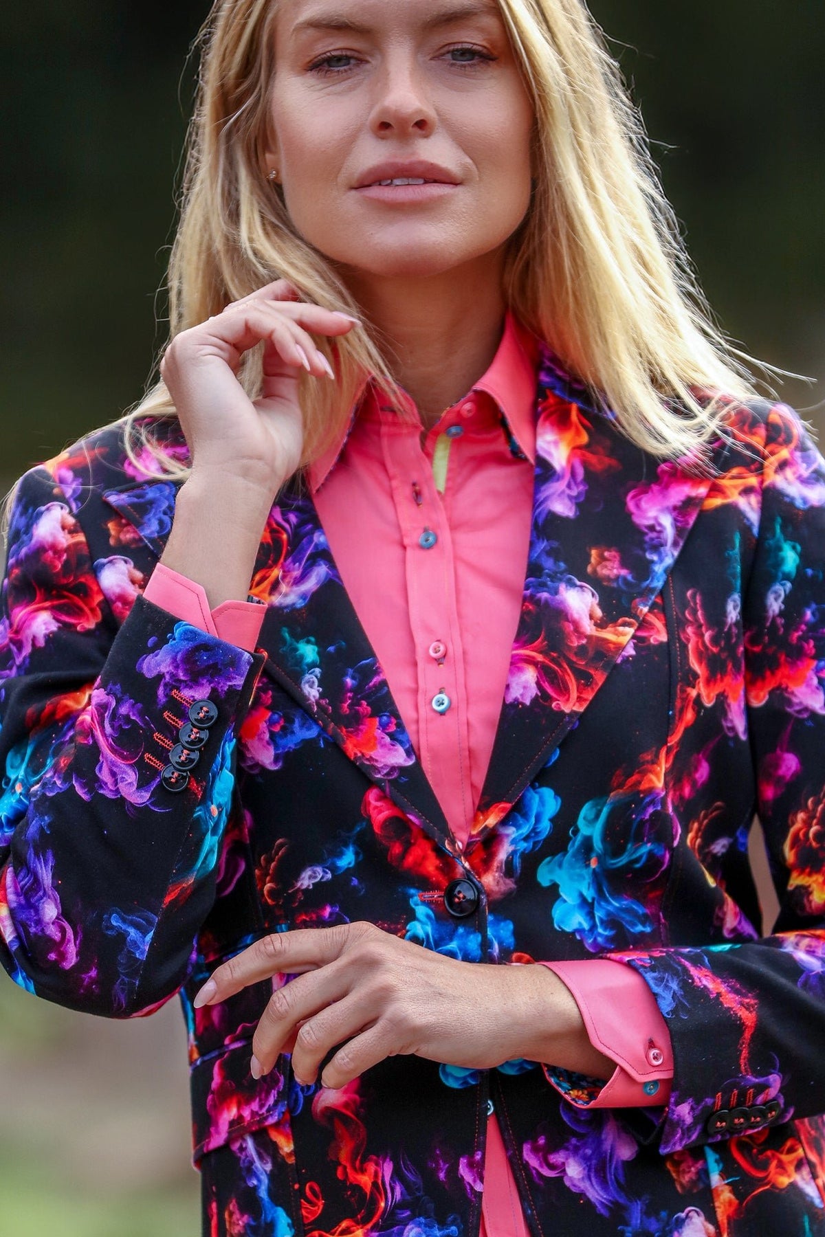 Claudio Lugli Noir Tempest Smoke Print Blazer, black blazer with multicolour smoke print, front view