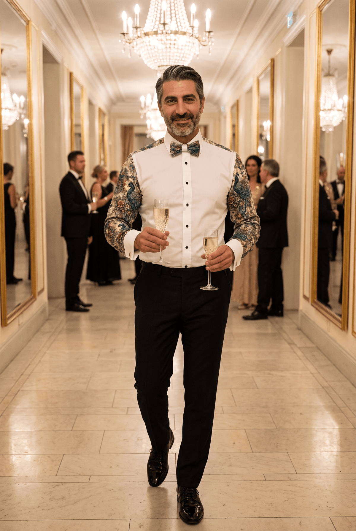 Iridescent peacock feather trims in blue, emerald and gold set against a crisp white tuxedo front.