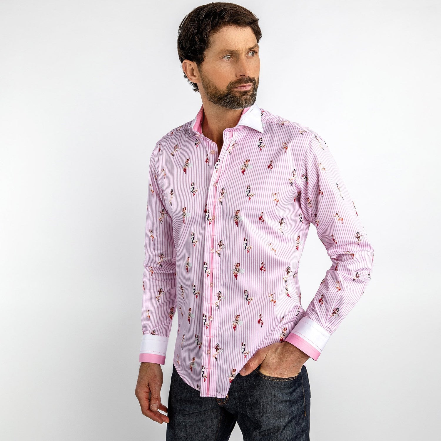 PIN UP GIRL FIREFIGHTER PRINT SHIRT - Premium Men's Patterned Shirt by Claudio Lugli | Bold Design, Tailored Fit, Best Printed Shirts