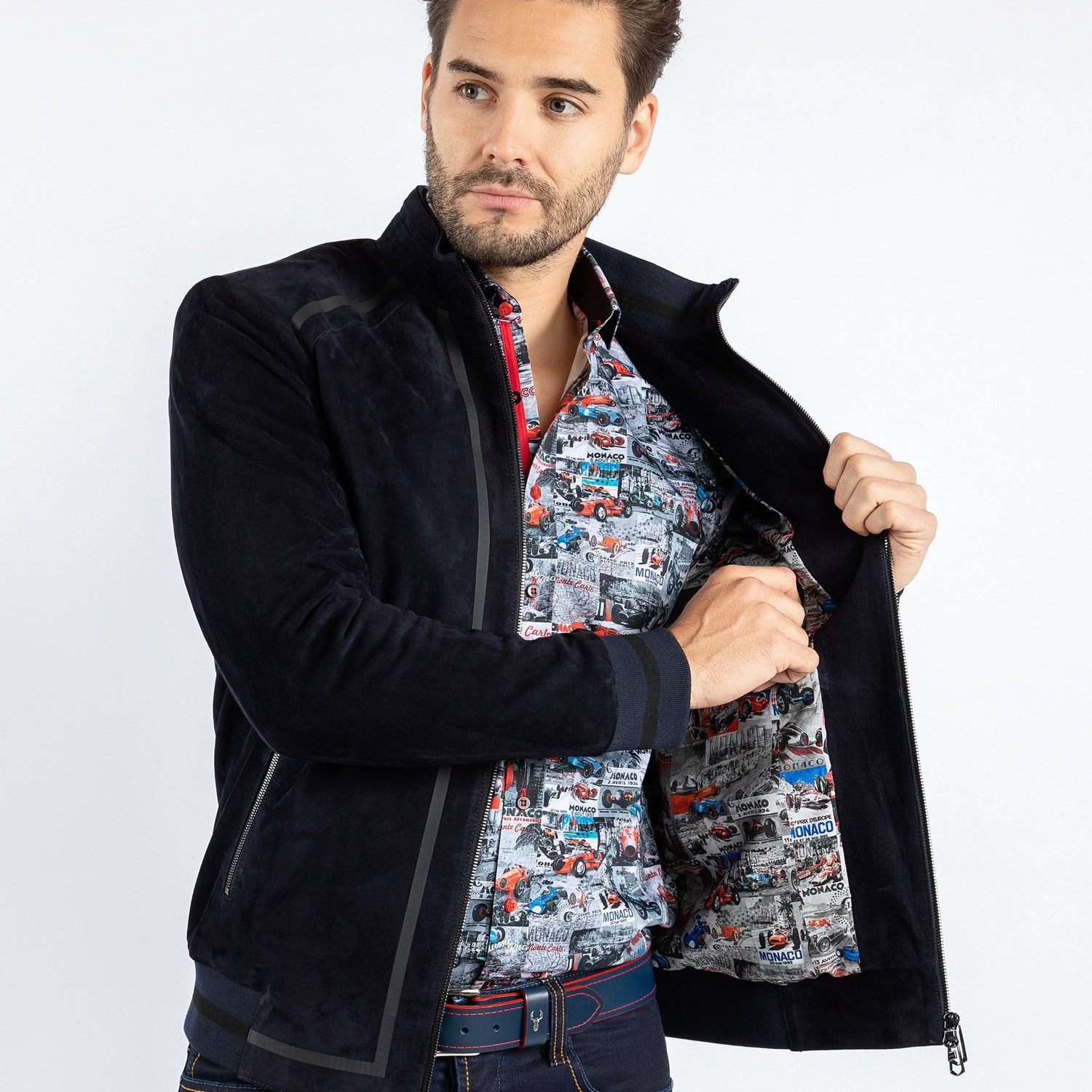 RACER SUEDE BOMBER JACKET - Premium Men's Patterned Shirt by Claudio Lugli | Bold Design, Tailored Fit, Best Printed Shirts